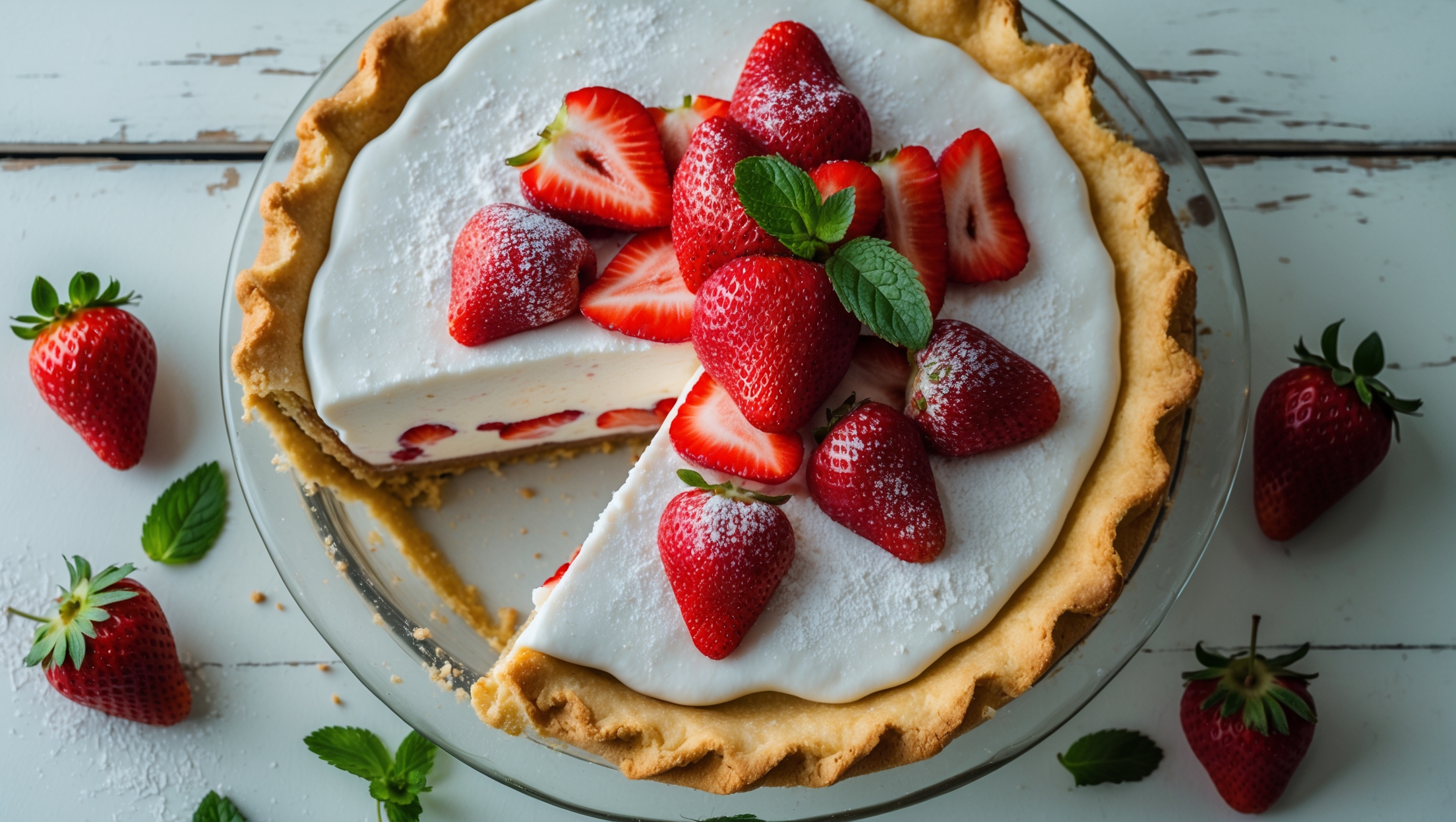 An overhead shot of a perfectly sliced Strawberry Shortcake Cream Pie, with a single slice slightly pulled away to showcase the distinct layers - golden shortbread crust, pillowy white cream filling, and vibrant red strawberry topping. Captured in soft natural light on a distressed white wooden table, the pie rests on a vintage milk glass cake stand. Fresh strawberries and scattered mint leaves surround the base, while a light dusting of powdered sugar catches the light. The contrast between the crimson berries, pristine cream, and buttery crust creates a stunning visual, with visible flecks of vanilla bean throughout the cream layer.
