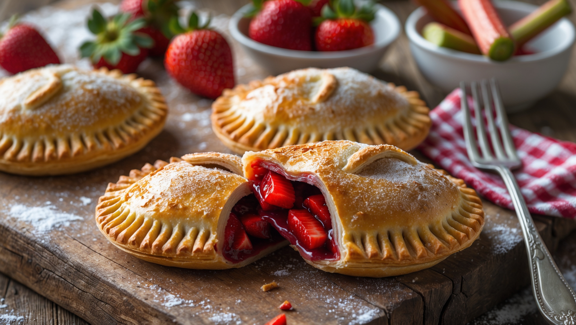 Close-up shot of golden-brown hand pies arranged on a weathered wooden board, with one broken open to reveal the vibrant ruby-red strawberry-rhubarb filling oozing slightly from the center. The natural light catches the sparkle of coarse sugar crystals on the pastry's surface, while crimped edges showcase the careful handcrafting. In the background, a small bowl of fresh strawberries and sliced rhubarb stalks adds color contrast, with a dusting of flour suggesting homemade authenticity. A gingham napkin and vintage fork complete the rustic presentation, creating a warm, inviting scene that highlights both the flaky layers of pastry and the jewel-toned filling.