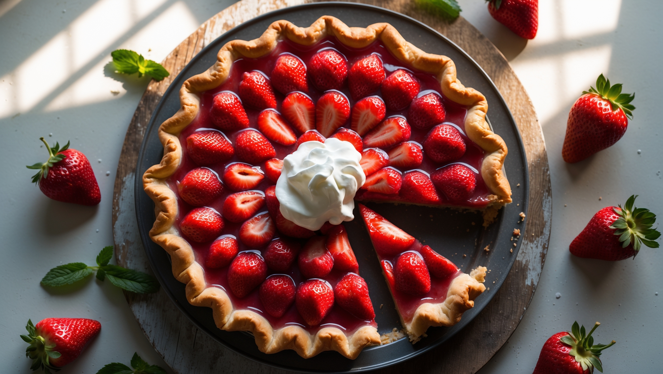An overhead shot of a perfectly baked strawberry pie, the glossy red berries arranged in concentric circles beneath a crystal-clear glaze that catches the soft natural light streaming through a nearby window. The golden, flaky crust shows beautiful crimping details around the edges, with a few artistic vents revealing the bubbling ruby filling. Scattered fresh strawberries and mint leaves surround the pie, which rests on a weathered wooden board. A slice has been removed, revealing the perfect consistency of the filling—not too runny, not too firm—with intact strawberries creating texture and visual appeal. A dollop of fresh whipped cream partially melts on the warm slice, creating an inviting contrast against the vibrant red filling.