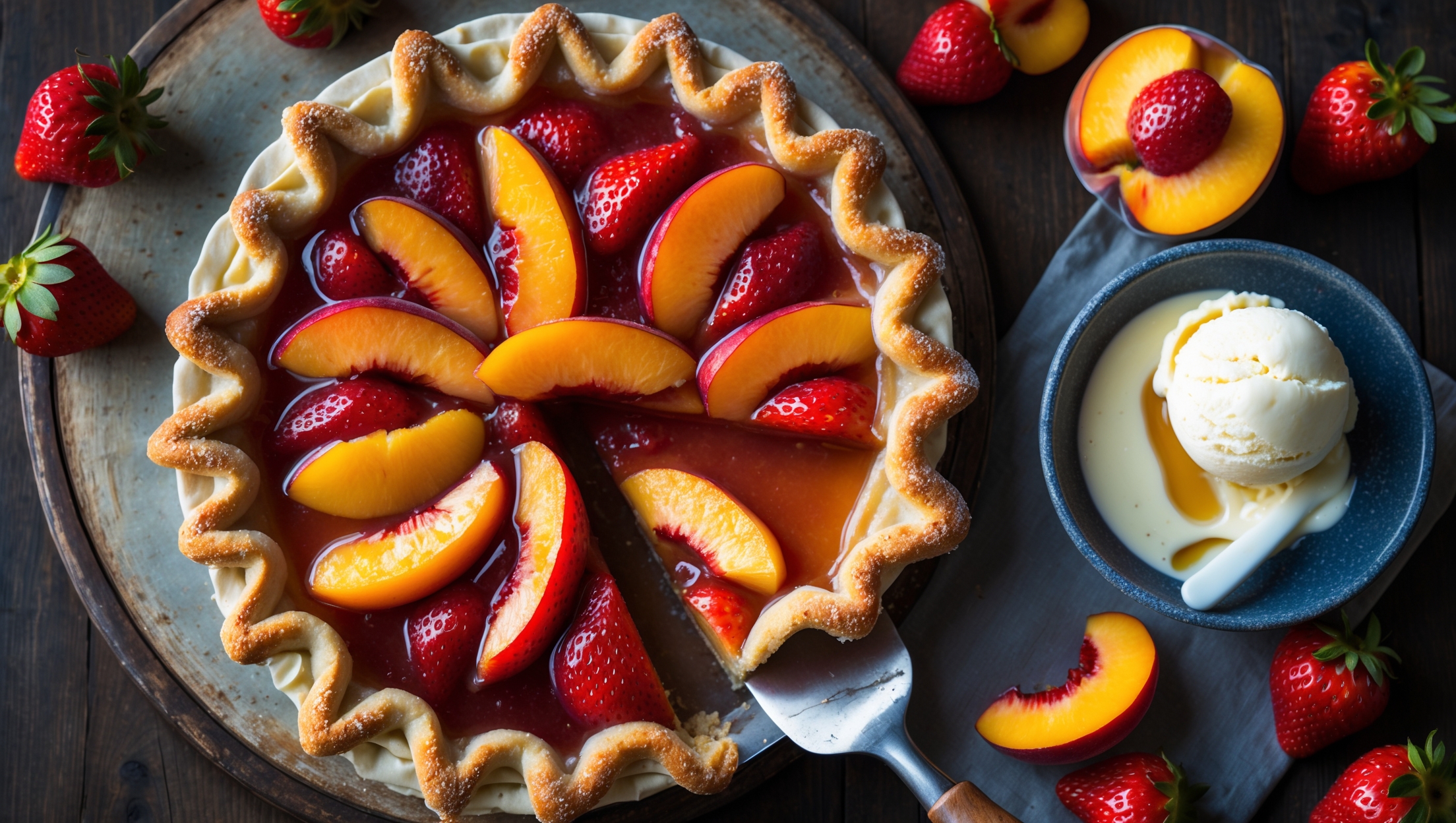 An overhead shot captures a rustic Strawberry Peach Pie with a golden lattice crust, its edges perfectly crimped and dusted with sparkling sugar crystals. Warm afternoon light illuminates the vibrant filling visible through the lattice gaps—ruby red strawberries and amber peach slices glistening with their natural juices. A slice has been removed, revealing the perfectly set filling where the fruits maintain their shape while releasing their syrupy juices. The pie rests on a weathered wooden board alongside a vintage serving spatula, with a scattering of fresh strawberries, peach slices, and a small bowl of vanilla ice cream slowly melting at the edge of the frame.