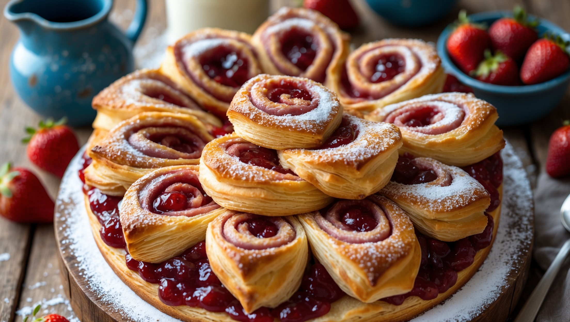 An overhead shot captures a rustic wooden cake stand covered with golden-brown strawberry pinwheels arranged in a casual spiral pattern. A cross-section view reveals the swirled layers of flaky pastry intertwined with ruby-red strawberry jam that caramelized slightly at the edges. The natural morning light catches on the coarse sugar crystals sprinkled on top, creating a sparkling effect. In the background, slightly blurred, sits a vintage blue ceramic pitcher of milk, while some fresh strawberries and a small pot of jam with a spoon rest alongside, suggesting homemade quality. A light dusting of powdered sugar adds contrast to the golden pastry and vivid red filling that has bubbled out slightly at the edges.