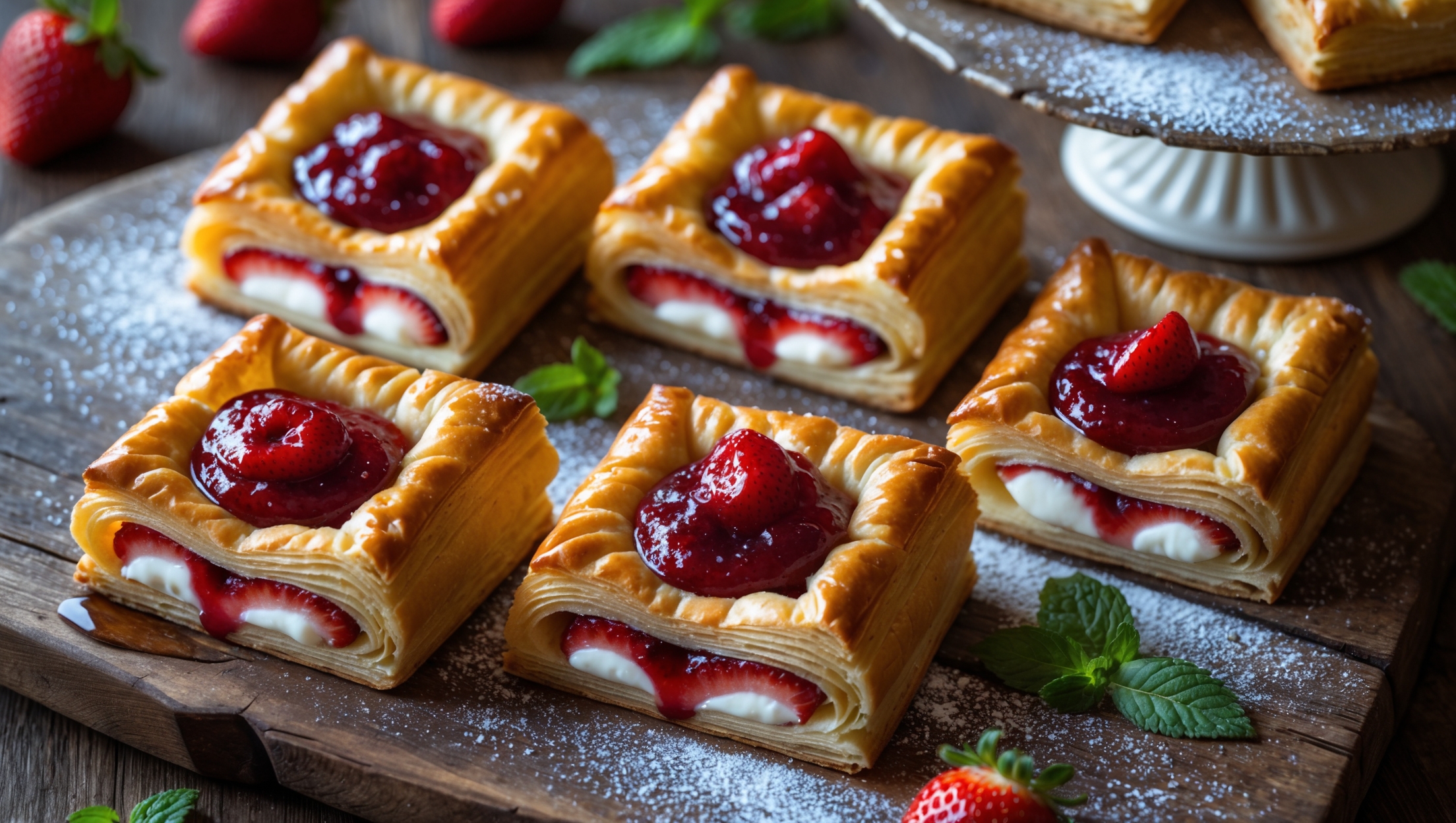 An overhead shot captures a rustic wooden board displaying six golden-brown pastry squares, their centers filled with vibrant red strawberry preserves nestled in pillowy cream cheese filling. A cross-section view reveals delicate layers of flaky puff pastry giving way to the creamy center. In soft natural light, the vanilla glaze glistens as it drips elegantly over the edges, with a few fresh strawberry slices and mint leaves strategically placed beside the pastries. A vintage cake stand in the background holds additional pastries, while scattered powdered sugar creates beautiful contrast against the deep red preserves and amber pastry.