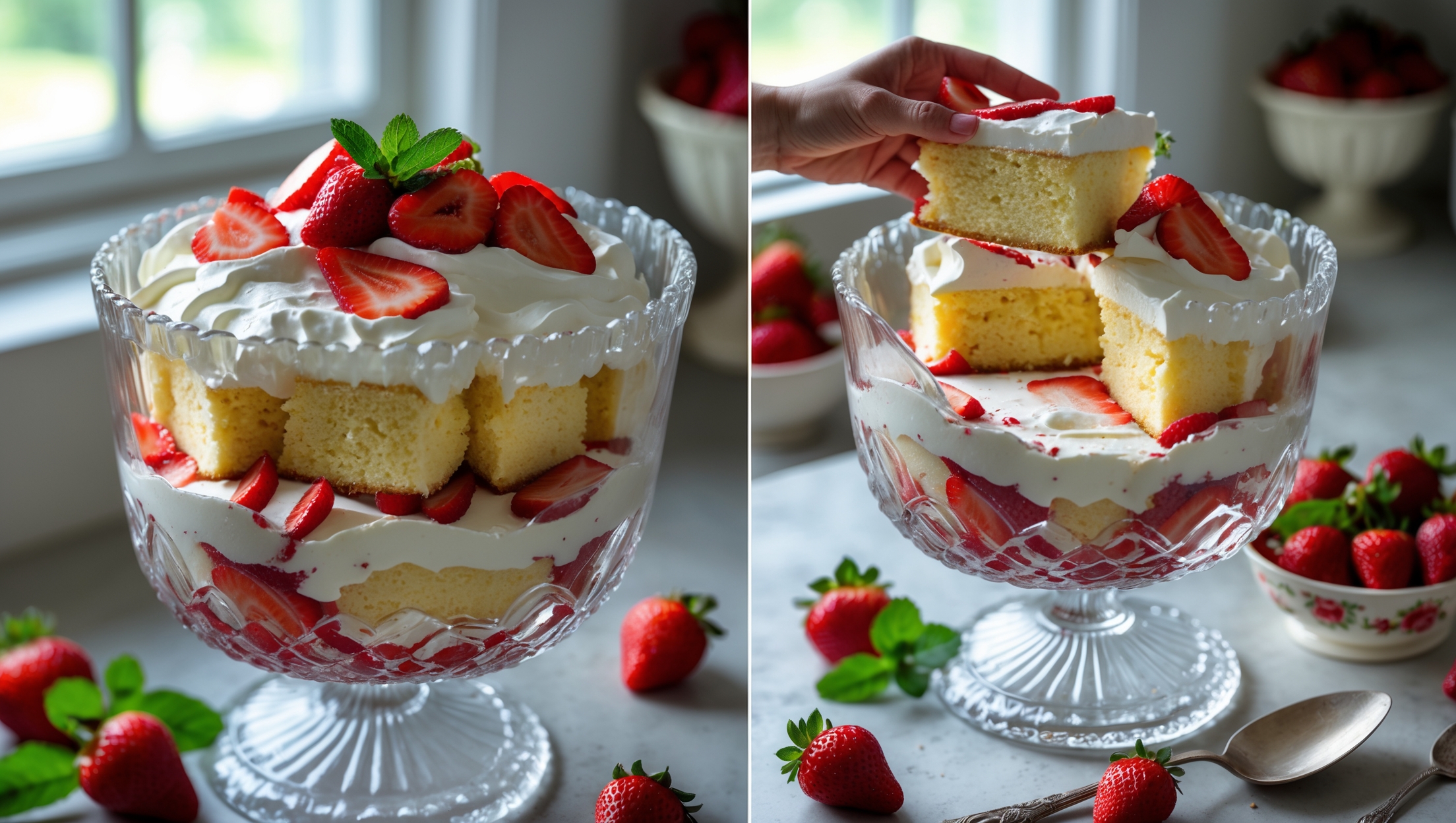 An overhead shot of a crystal trifle bowl showcasing distinct layers of golden vanilla cake cubes, vibrant red strawberry slices, and pure white whipped cream, captured in soft natural light streaming through a kitchen window. A close-up reveals the delicate texture of the moist cake soaking up the ruby-red strawberry juices, while another angle highlights a perfect serving being lifted out, displaying all three components in harmonious proportion. The scene is styled on a vintage cake stand adorned with fresh strawberries and mint leaves scattered around the base, with a grandmother's silver serving spoon resting nearby, ready for guests to dive in.