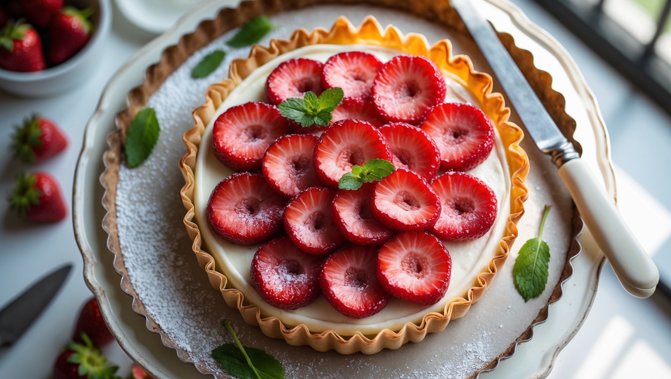 An overhead shot of a perfectly golden phyllo tart on an antique white cake stand, captured in soft natural light streaming through a window. The crisp, flaky layers of pastry form a rustic shell cradling a smooth vanilla cream filling. Plump, ruby-red strawberries arranged in overlapping circles glisten with a light glaze, their vibrant color contrasting beautifully against the pale cream. Scattered mint leaves add pops of green, while stray phyllo flakes and a light dusting of powdered sugar surround the tart. A silver serving knife rests alongside, ready to cut through the delicate layers, with strawberry stems and a small bowl of extra cream visible in the background.