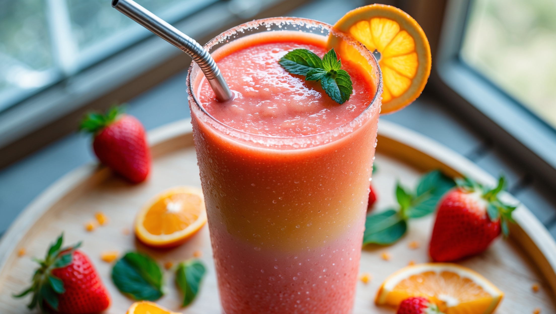 An overhead shot of a tall glass filled with a gradient smoothie transitioning from vibrant coral-pink at the bottom to sunny orange at the top, served with a metal straw. Soft natural light streams through the window, highlighting the smooth texture and tiny air bubbles along the glass edge. The smoothie sits on a light wooden tray adorned with fresh strawberry halves, orange segments, and scattered mint leaves. Condensation beads on the outside of the glass suggest refreshing coolness, while a delicate orange wheel garnish perches on the rim, complemented by a light dusting of orange zest across the surface.