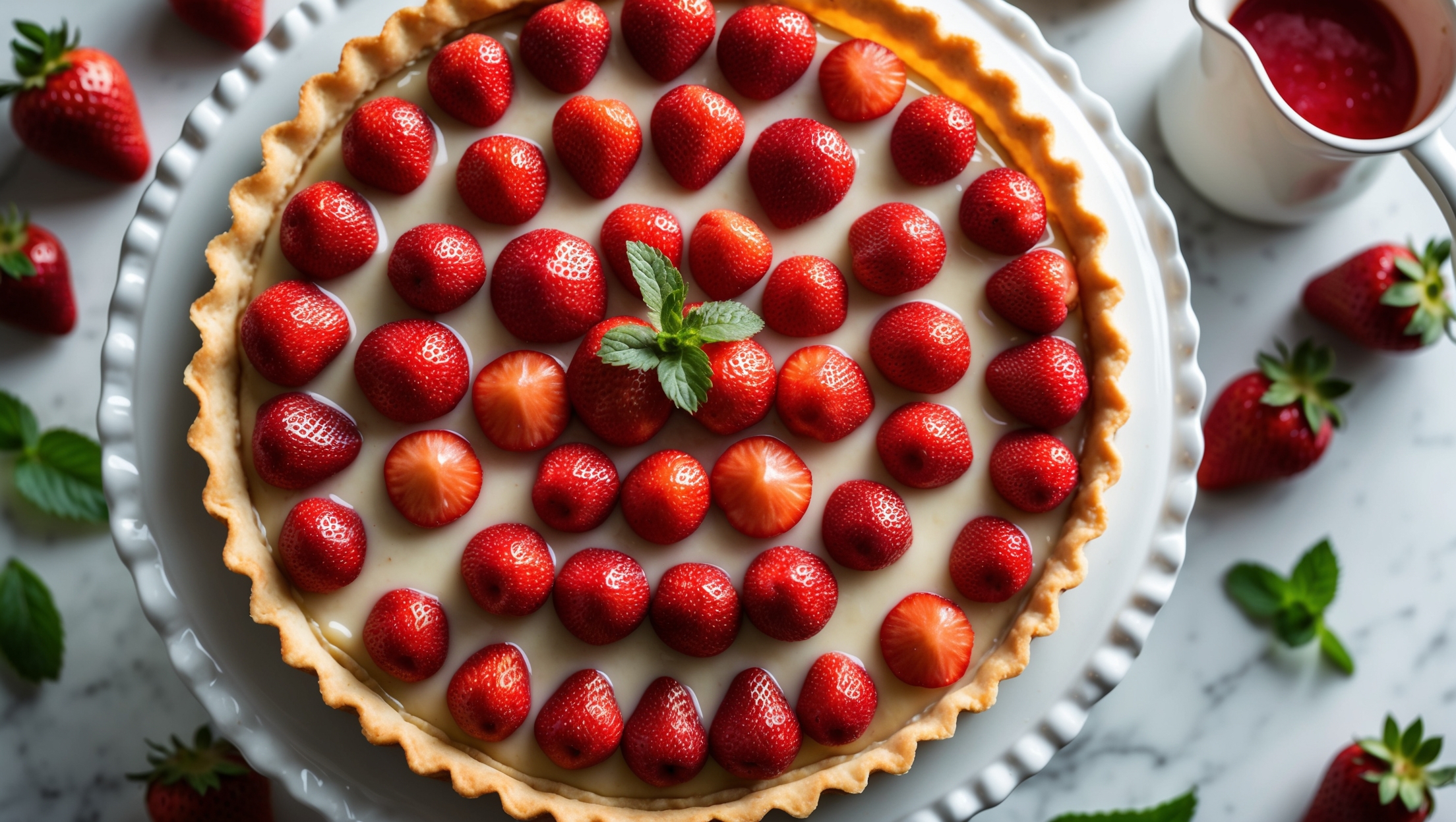 An overhead shot captures a perfectly baked strawberry tart on a white ceramic cake stand, its golden pastry shell creating a beautiful contrast with the vibrant red strawberries arranged in concentric circles. In close-up details, you can see the vanilla-flecked custard peeking between the fruit, while the glaze catches soft natural light, giving the berries a jewel-like shine. The tart is photographed against a light marble surface with scattered fresh strawberries, mint leaves, and a small pitcher of remaining glaze in the background, suggesting homemade care and freshness.
