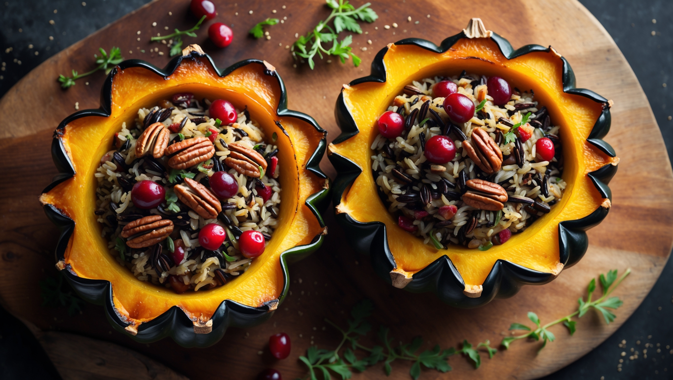 Overhead shot of halved acorn squash with beautifully caramelized edges, overflowing with a colorful wild rice stuffing dotted with ruby cranberries and toasted pecans. The natural scalloped edges of the squash create an elegant vessel against a rustic wooden board, with scattered fresh herbs adding vibrant green accents. Soft golden-hour lighting highlights the glistening, caramelized surface of the squash and the textural contrast between the tender squash flesh and hearty grain filling. A light dusting of black pepper and a drizzle of maple glaze adds a final touch of sophistication and shine.