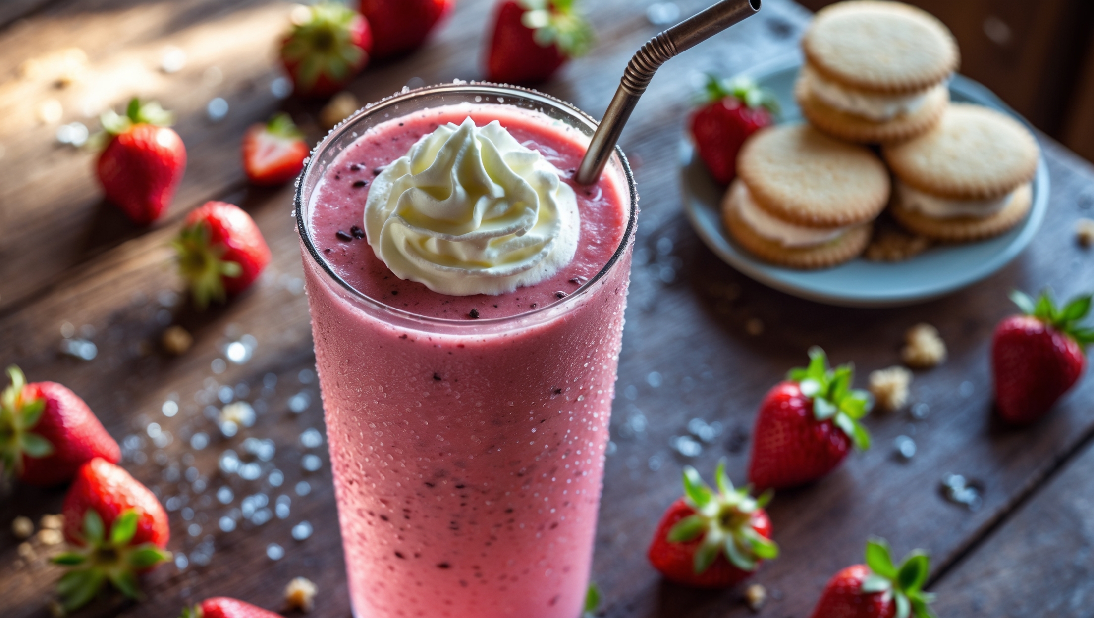 An overhead shot of a tall, frosted glass filled with a vibrant pink smoothie that gradients to a lighter shade at the top where swirls of whipped cream melt into the drink. The glass sits on a rustic wooden table bathed in soft morning light, surrounded by scattered fresh strawberries with their green tops intact and crumbled vanilla cookies. A vintage metal straw stands in the glass, and a small plate of shortcake cookies rests nearby. Condensation beads on the outside of the glass, emphasizing the refreshing chill of this dessert-inspired smoothie that showcases visible specks of strawberry seeds and vanilla bean throughout.