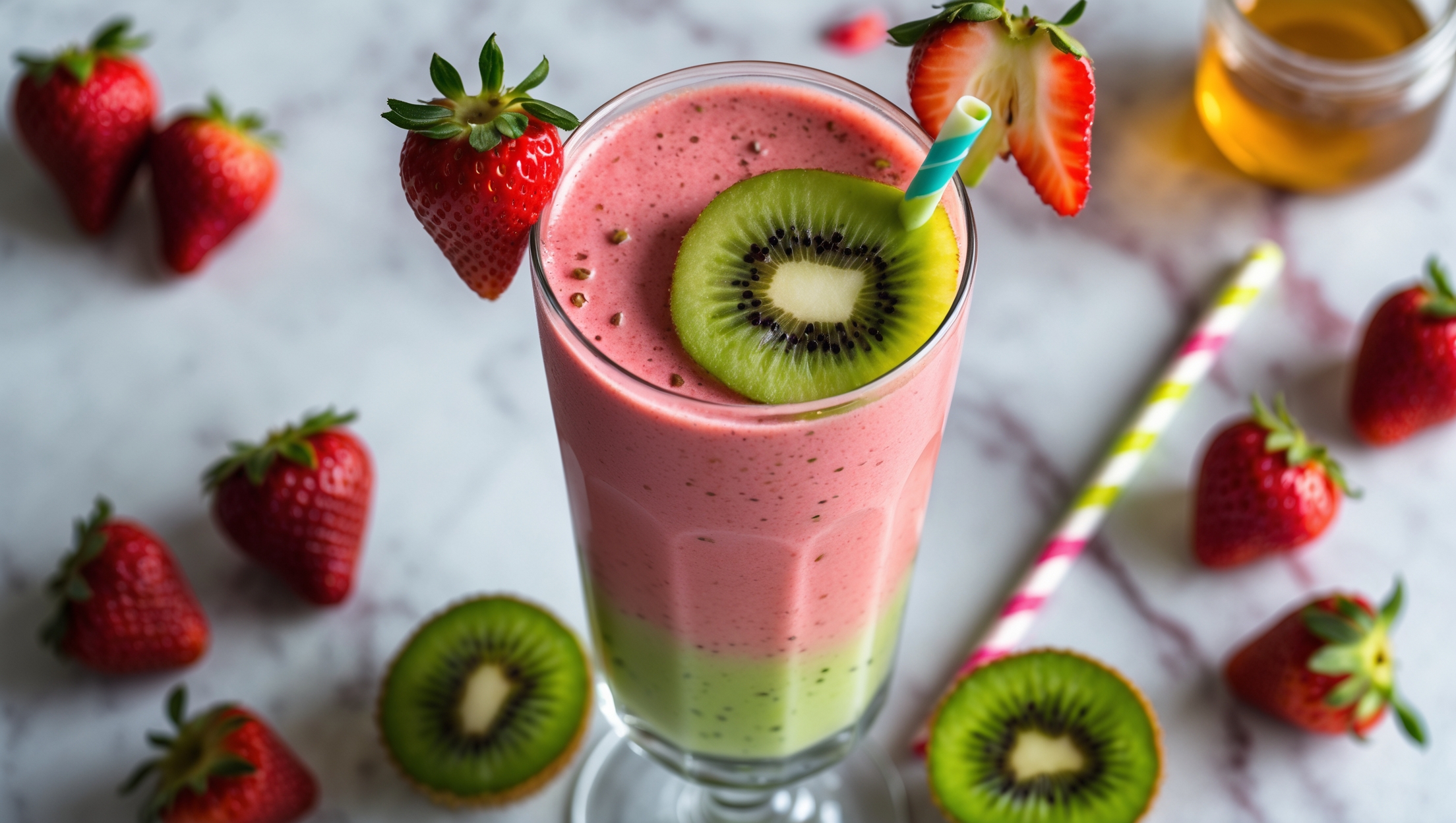 An overhead shot of a tall, clear glass filled with a vibrant pink-green smoothie, capturing the perfect gradient between the strawberry and kiwi layers. Soft natural light streams in from the side, highlighting the smooth texture and tiny flecks of kiwi seeds throughout. The glass sits on a light marble countertop, garnished with a fresh strawberry and kiwi slice on the rim. Surrounding the glass are scattered fresh strawberries, sliced kiwis, and a small jar of honey, suggesting the fresh ingredients used. A colorful striped paper straw stands in the glass, adding a playful touch to this bright, refreshing smoothie.