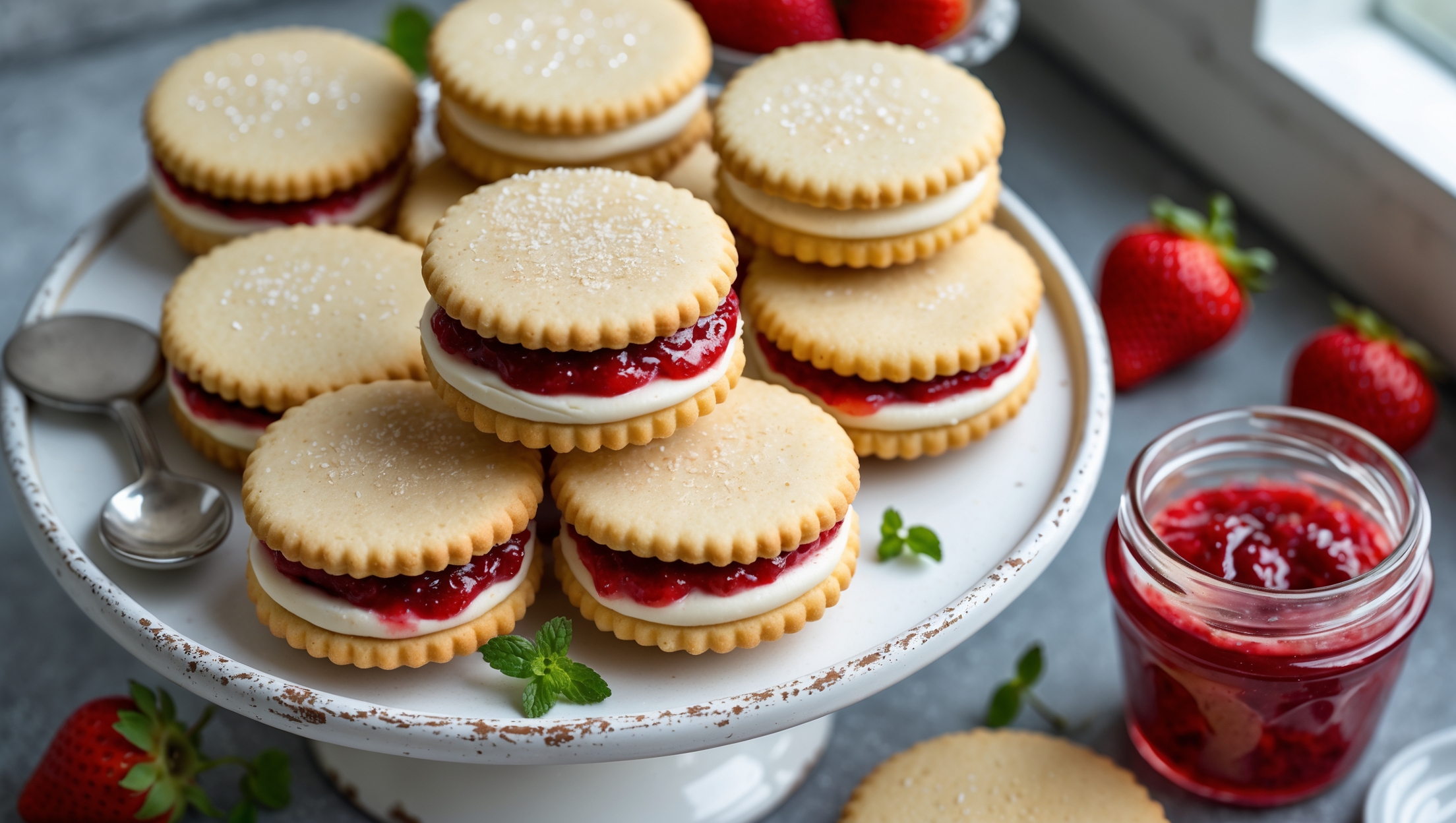 An overhead shot of perfectly round, golden-edged sandwich cookies arranged on a vintage white cake stand, with a cross-section view showcasing the vibrant red strawberry filling and smooth vanilla cream layer between two shortbread-like cookies. Soft natural light streams in from a side window, highlighting the delicate sugar crystal topping that adds sparkle to each cookie. Fresh strawberries and small sprigs of mint are artfully scattered around the display, while one cookie stands propped against another, revealing its luscious filling. A small jar of homemade strawberry jam sits nearby, lid partially opened with a small silver spoon resting against it, suggesting the freshness of the ingredients used.