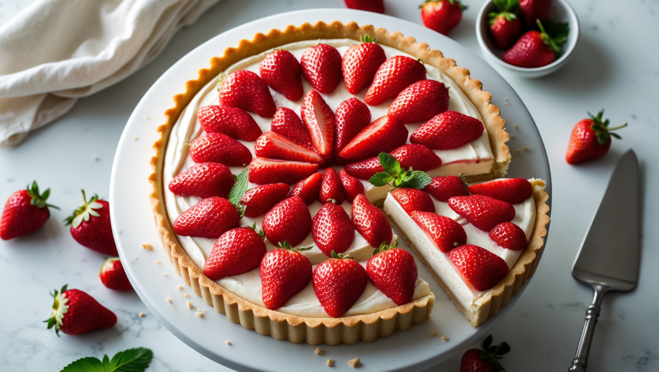 An overhead shot of a perfectly round tart with a golden brown shortcrust pastry shell, filled with smooth vanilla pastry cream. Fresh, vibrant red strawberries are arranged in a spiral pattern on top, their surfaces glistening with a light clear glaze. The tart is photographed in soft natural light on a white ceramic cake stand, with a few scattered fresh strawberries and mint leaves around the base. A slice has been removed, revealing the clean-cut layers of crisp pastry and velvety cream, with a silver cake server positioned nearby. The background features a light linen napkin and a small bowl of extra berries, creating a clean, elegant presentation that highlights the tart's beautiful colors and textures.