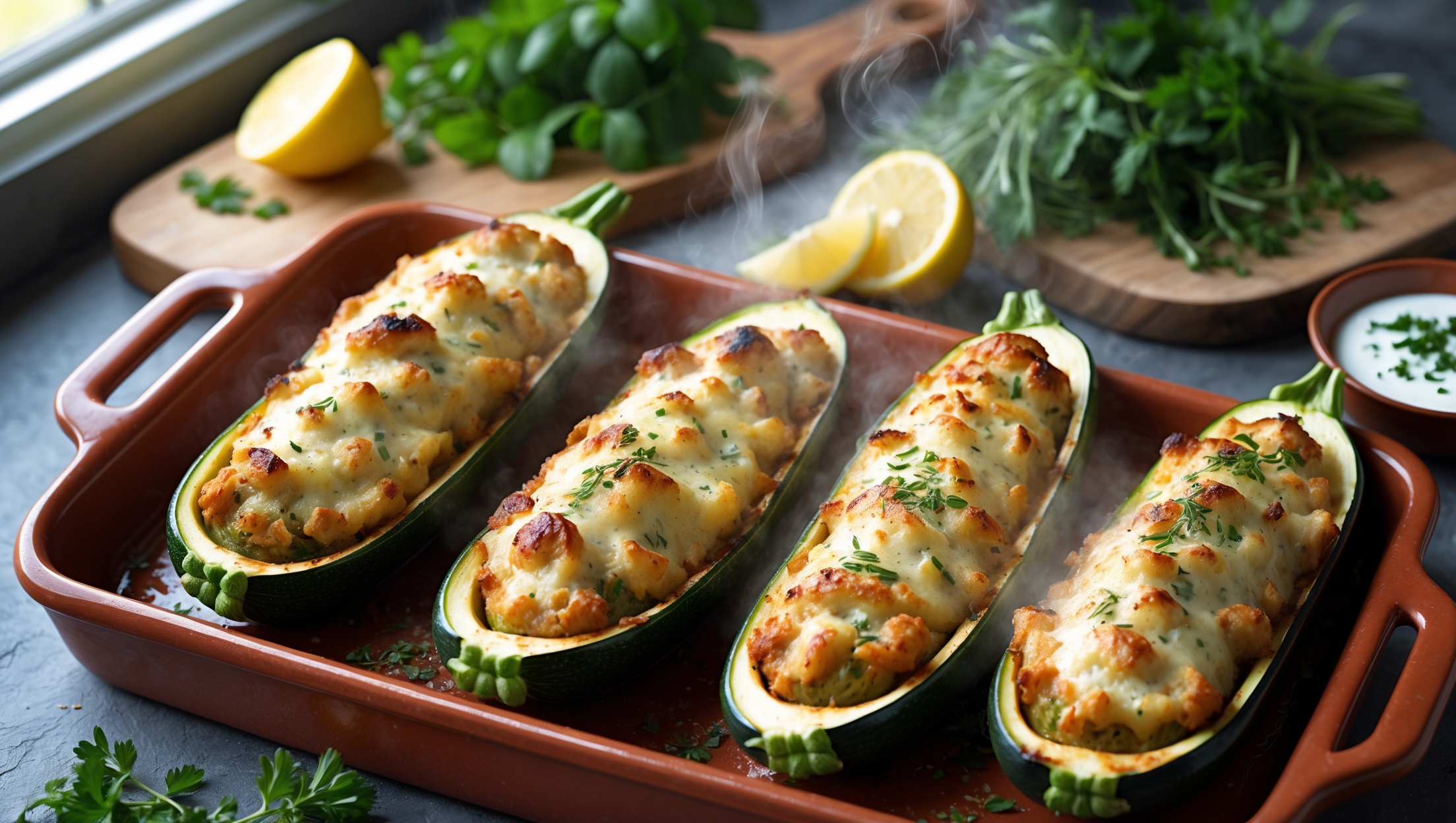 An overhead shot of six vibrant green stuffed zucchini boats arranged on a rustic terracotta baking dish. The boats are filled with a golden-brown mixture showing specks of herbs and melted cheese that's bubbling at the edges. Natural light streams in from a nearby window, highlighting the caramelized cheese top and the slight char on the zucchini edges. In the background, a wooden board holds fresh herbs, lemon wedges, and a small bowl of yogurt sauce. A sprinkling of red pepper flakes and fresh herbs adds contrasting color to the finished boats, while steam rises gently from the just-baked dish.