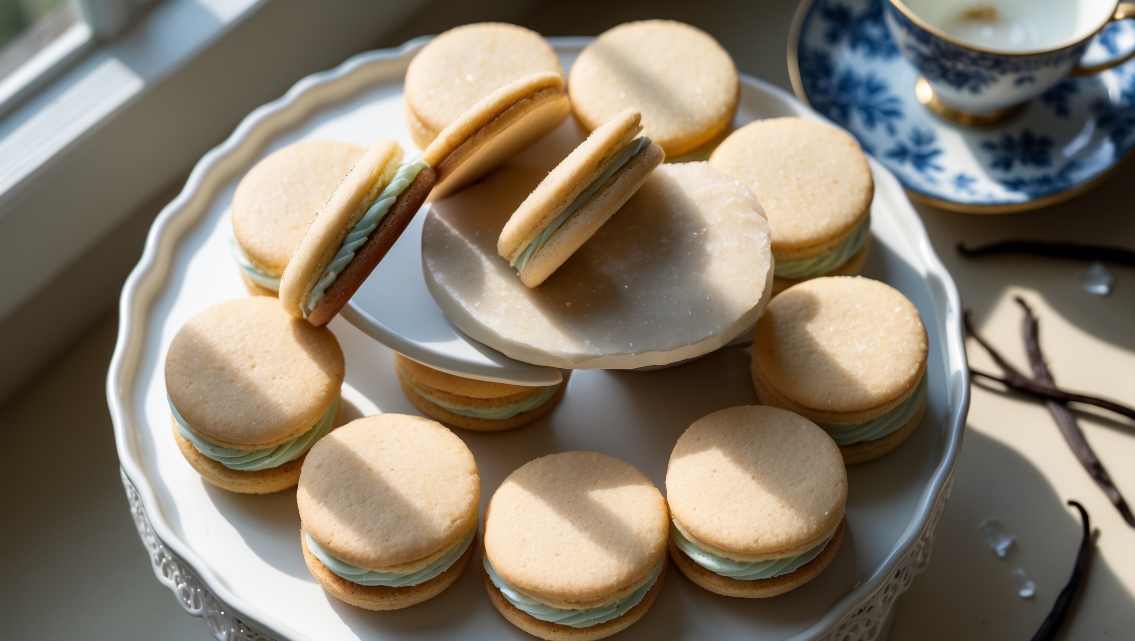 An overhead shot of perfectly round sugar cookie sandwiches arranged in a gentle spiral on a white ceramic cake stand. Natural window light highlights the slight sparkle of sugar crystals on the cookies' edges, while creating soft shadows that emphasize their smooth, golden surface. A cross-section view reveals the generous layer of pastel buttercream filling that contrasts beautifully with the light golden cookies. In the background, a vintage blue and white tea cup sits beside the stand, while a few loose vanilla beans and scattered sugar crystals add context to the composition. The buttercream peeks out slightly from between the cookies, hinting at the softness within the crisp exterior.