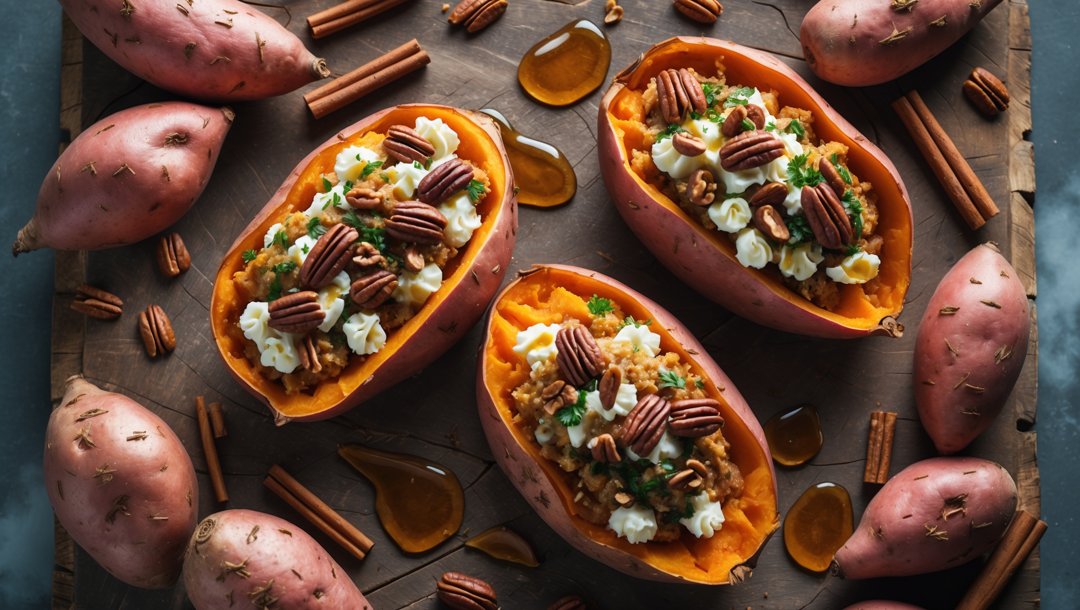 An overhead shot of halved sweet potatoes arranged on a rustic wooden board, their orange flesh caramelized and glistening under soft natural light. The potatoes are generously stuffed with a colorful filling that spills slightly over the edges, showcasing vibrant green herbs, creamy white cheese, and nutty brown pecans. A drizzle of golden maple syrup catches the light as it cascades down the sides, while scattered cinnamon sticks and whole sweet potatoes create an artistic border. The cross-section reveals the contrast between the potato's soft interior and the varied textures of the filling, all photographed with a shallow depth of field that highlights the steam rising from the freshly baked potatoes.