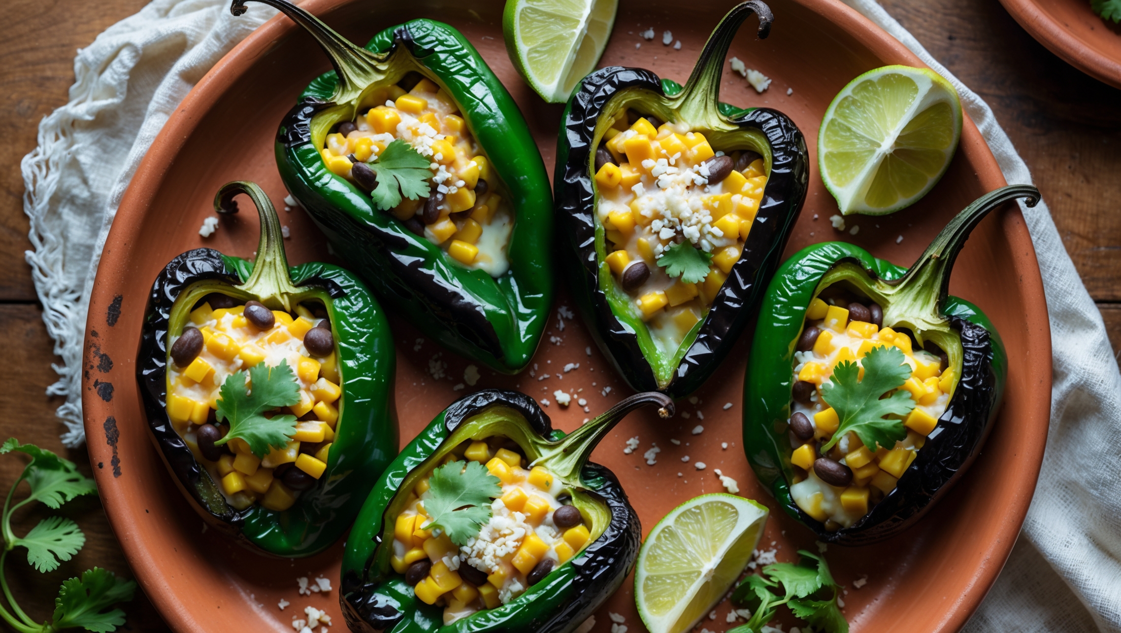 An overhead shot of four vibrant green poblano peppers, their charred skins glistening under soft natural light, each one split open to reveal a colorful filling of golden corn, black beans, and melted cheese. The peppers rest on a rustic terracotta plate, garnished with fresh cilantro leaves and lime wedges, with delicate trails of steam rising from their just-baked centers. A light sprinkle of cotija cheese adds bright white contrast against the rich, stuffed peppers, while a wooden table surface visible at the edges creates a warm, homey atmosphere.