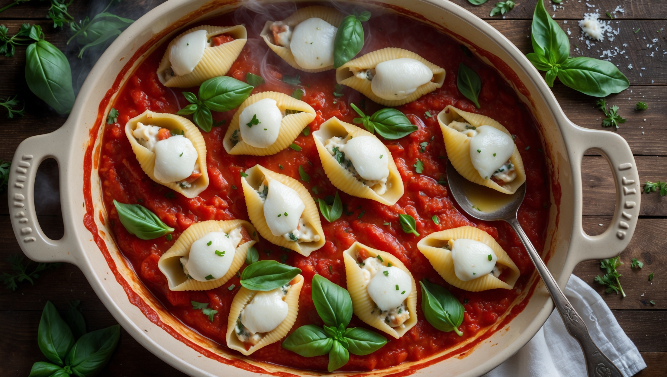 An overhead shot captures a steaming ceramic baking dish filled with plump stuffed shells nestled in vibrant red marinara sauce. Melted mozzarella creates golden-brown patches across the top, while fresh basil leaves provide striking green contrast. A cross-section view reveals the creamy ricotta filling speckled with herbs. Soft natural light highlights the bubbling sauce edges and steam wisps rising from the dish. The scene is completed with a rustic wooden table, scattered fresh herbs, grated parmesan, and a vintage serving spoon poised to scoop up a shell, emphasizing the homemade, comforting nature of this classic Italian-American dish.