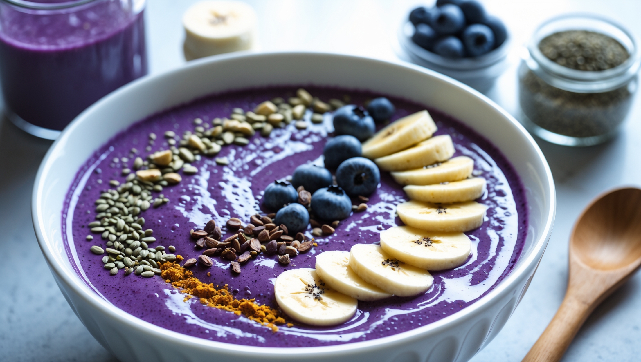 An overhead shot of a vibrant purple-blue smoothie bowl served in a pristine white ceramic bowl, capturing the contrast between the deep berry tones and creamy swirls. Natural morning light streams in from the side, highlighting the glossy surface and artful toppings—sliced bananas arranged in a crescent, a sprinkle of cacao nibs, a dusting of ashwagandha powder, and delicate hemp seed clusters. Small glass jars of key ingredients (blueberries, banana, and chia seeds) sit slightly blurred in the background, while a wooden smoothie spoon rests against the bowl's edge, ready for the first creamy, stress-relieving spoonful.