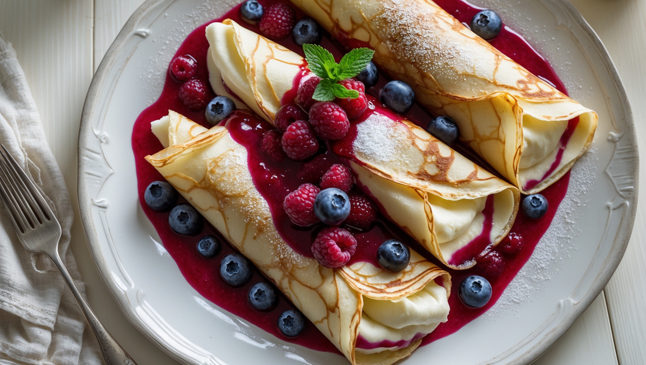 An overhead shot of three rolled crepes arranged on a white porcelain plate, their golden-brown edges slightly crisp and interior soft and pliable. A generous spoonful of ruby-red berry compote with visible whole blueberries and raspberry pieces cascades down the crepes, with the vibrant fruit juices pooling alongside. The vanilla-scented cream cheese filling peeks out from the edges, its smooth texture contrasting with the delicate crepe layers. A light dusting of powdered sugar creates visual dimension, while a sprig of fresh mint adds a pop of green. The scene is captured in soft natural morning light on a light wooden table with a vintage linen napkin and silver fork positioned nearby, suggesting an inviting breakfast setting.