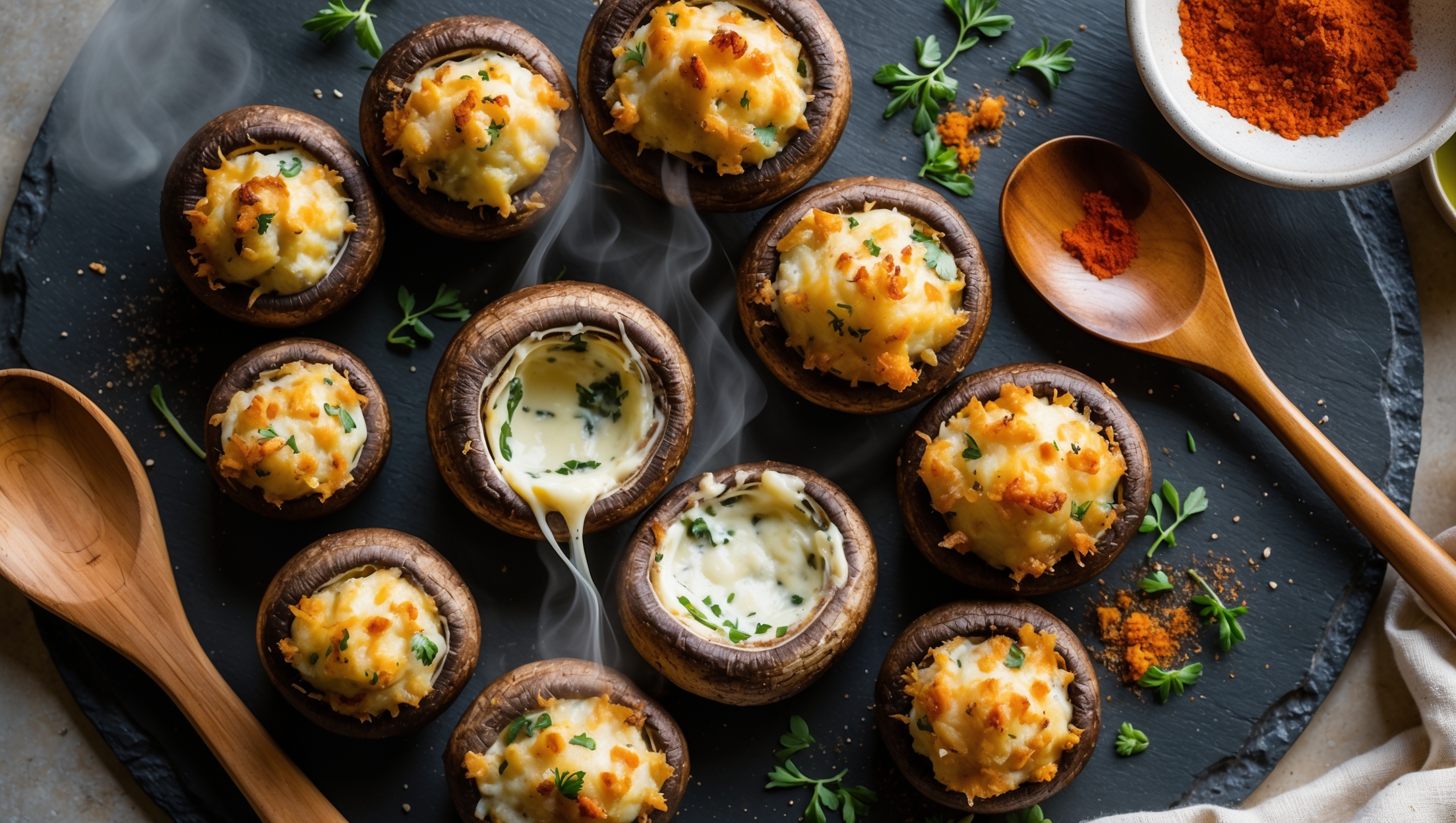 An overhead shot of perfectly browned stuffed mushrooms arranged on a rustic slate serving platter, with melted cheese glistening under soft natural light. A cross-section view reveals the creamy, herb-flecked filling within the juicy mushroom cap. Golden breadcrumbs create textural contrast against the smooth filling, while scattered fresh herbs provide vibrant green accents. A wooden serving spoon rests nearby, and a small bowl of extra filling sits alongside, suggesting abundance. The composition captures rising steam, indicating they've just emerged from the oven, with a sprinkle of paprika adding warm color notes.