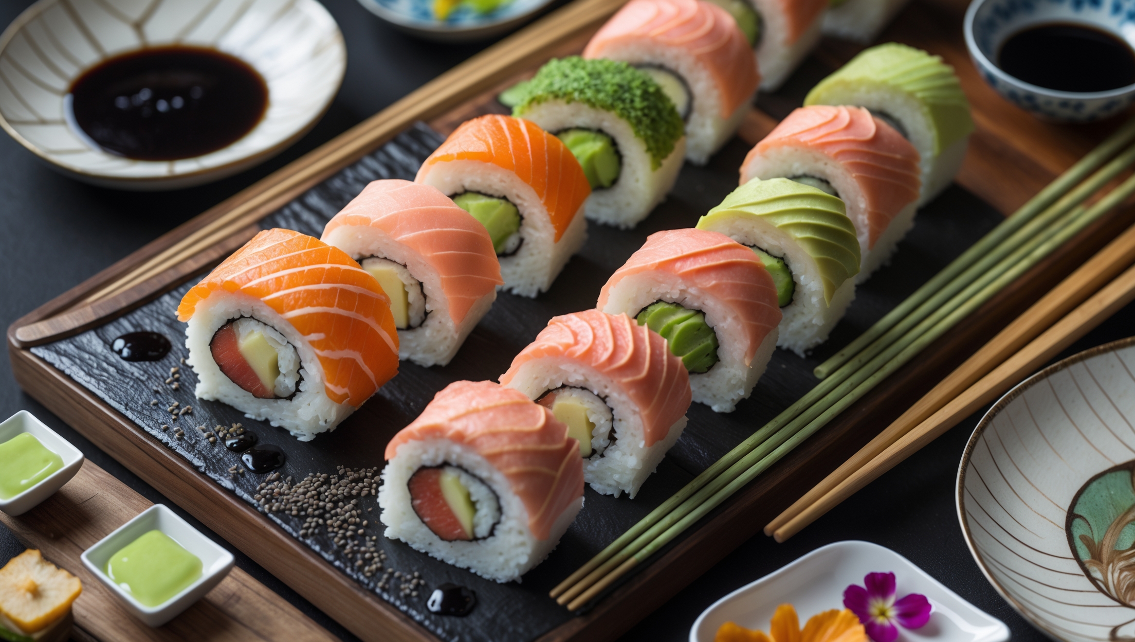 An overhead shot showcases a wooden sushi board arranged with sliced sushi roll cake pieces, their spiral pattern clearly visible against the dark surface. Cross-section views reveal the perfect swirl of vanilla sponge and colorful cream fillings that mimic salmon and avocado. Shot in soft natural light, the styling includes bamboo chopsticks, small dishes of "wasabi" (green-tinted buttercream), and "soy sauce" (chocolate syrup). A sprinkling of black poppy seeds mimics sesame, while thin slices of fruit create garnishes reminiscent of ginger. The vibrant colors of the cake contrast beautifully with traditional Japanese ceramic plates and a scattering of edible flowers.