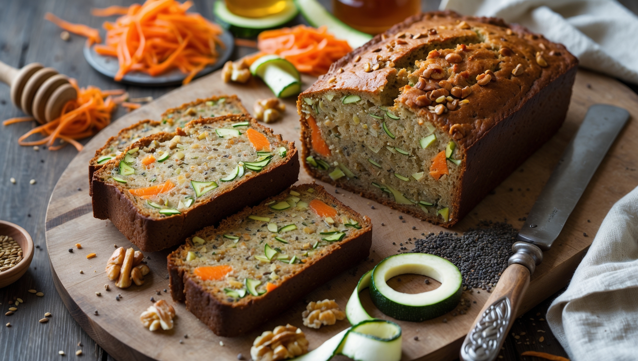 An overhead shot of a rustic wooden board featuring thick slices of Superfood Carrot Zucchini Bread, revealing its moist, speckled interior dotted with bright orange carrot strands, green zucchini flecks, and the rich browns of walnuts and chia seeds. A cross-section slice in the foreground showcases the bread's impressively tender crumb, while soft natural light highlights the golden-brown crust and glistening top. Surrounding the loaf are scattered ingredients—freshly grated carrots, zucchini ribbons, a small jar of honey, and a sprinkle of flaxseeds—while a vintage cake knife and linen napkin complete the wholesome, homemade setting.