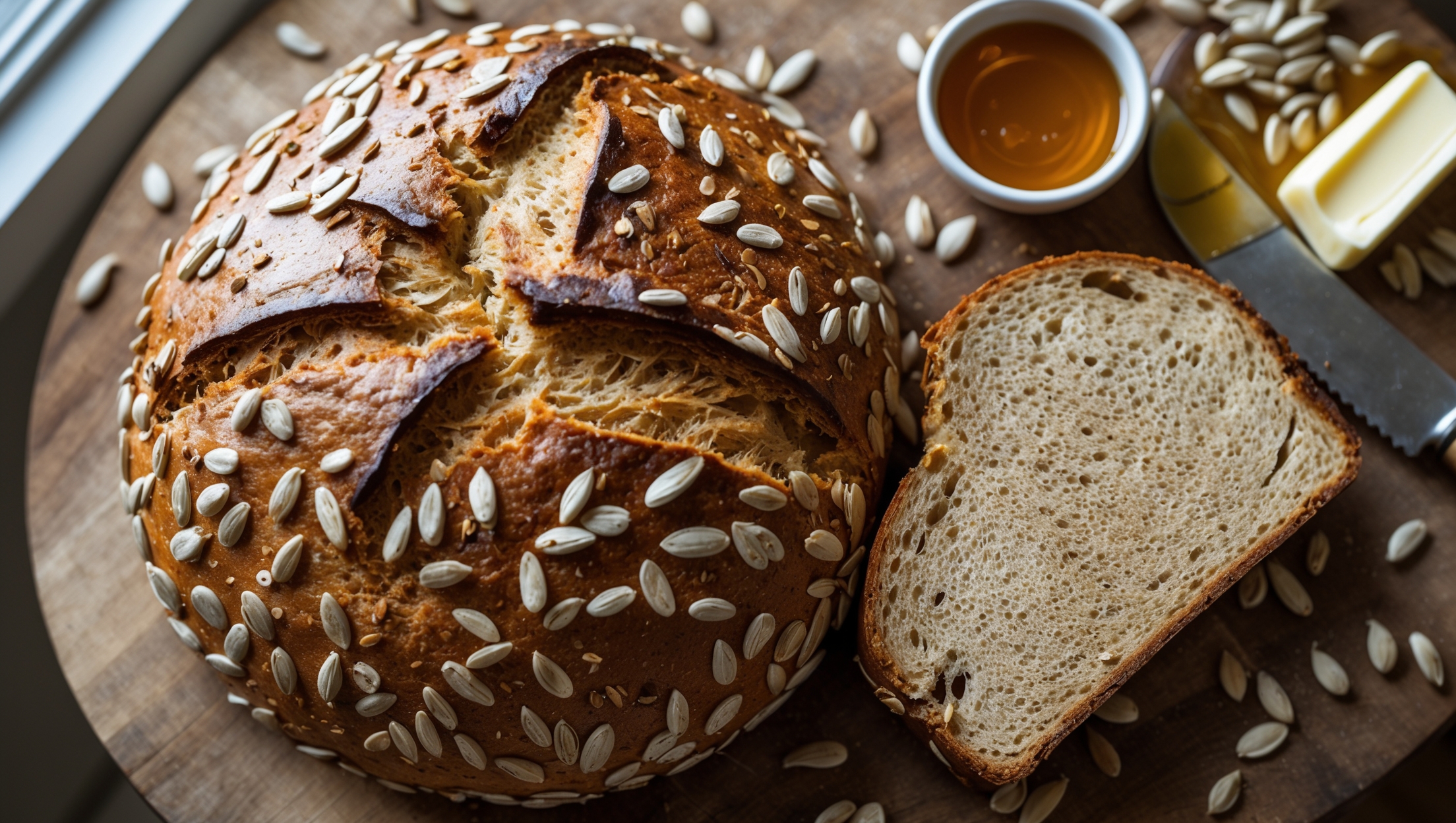 An overhead shot of a rustic, round loaf of Sunflower Seed Bread with a deeply golden crust, sliced to reveal a light tan interior studded with toasted sunflower seeds. Natural window light highlights the bread's textured surface where scattered sunflower seeds glisten against the scored top. The loaf rests on a wooden cutting board surrounded by a scattering of raw sunflower seeds, a small pot of honey, and a butter knife with a curl of fresh butter. A warm, inviting atmosphere is created by the contrast between the crunchy exterior and the soft, tender crumb visible in the cut slice leaning against the main loaf.