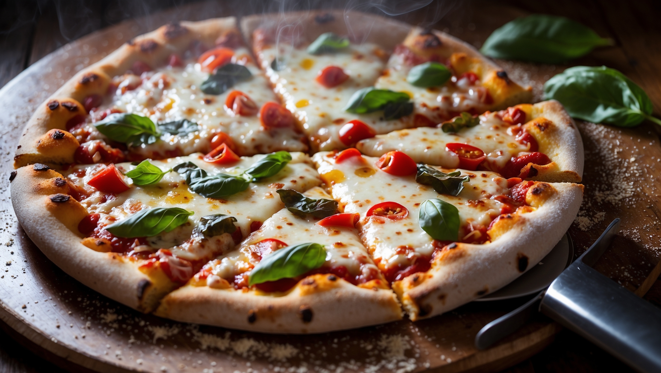 An overhead shot of a freshly baked Supreme Pizza with a golden-brown crust, bubbling cheese, and colorful toppings artfully arranged across its surface. The pizza is photographed in warm natural light on a rustic wooden pizza peel, with specks of cornmeal visible around the edges. Steam rises gently from the surface, highlighting the just-from-the-oven appeal. A partial cross-section reveals the perfect balance of crisp crust and chewy interior, while toppings glisten with a light sheen of olive oil. Fresh basil leaves are scattered nearby, and a pizza cutter rests beside the pie, suggesting it's ready to be shared.