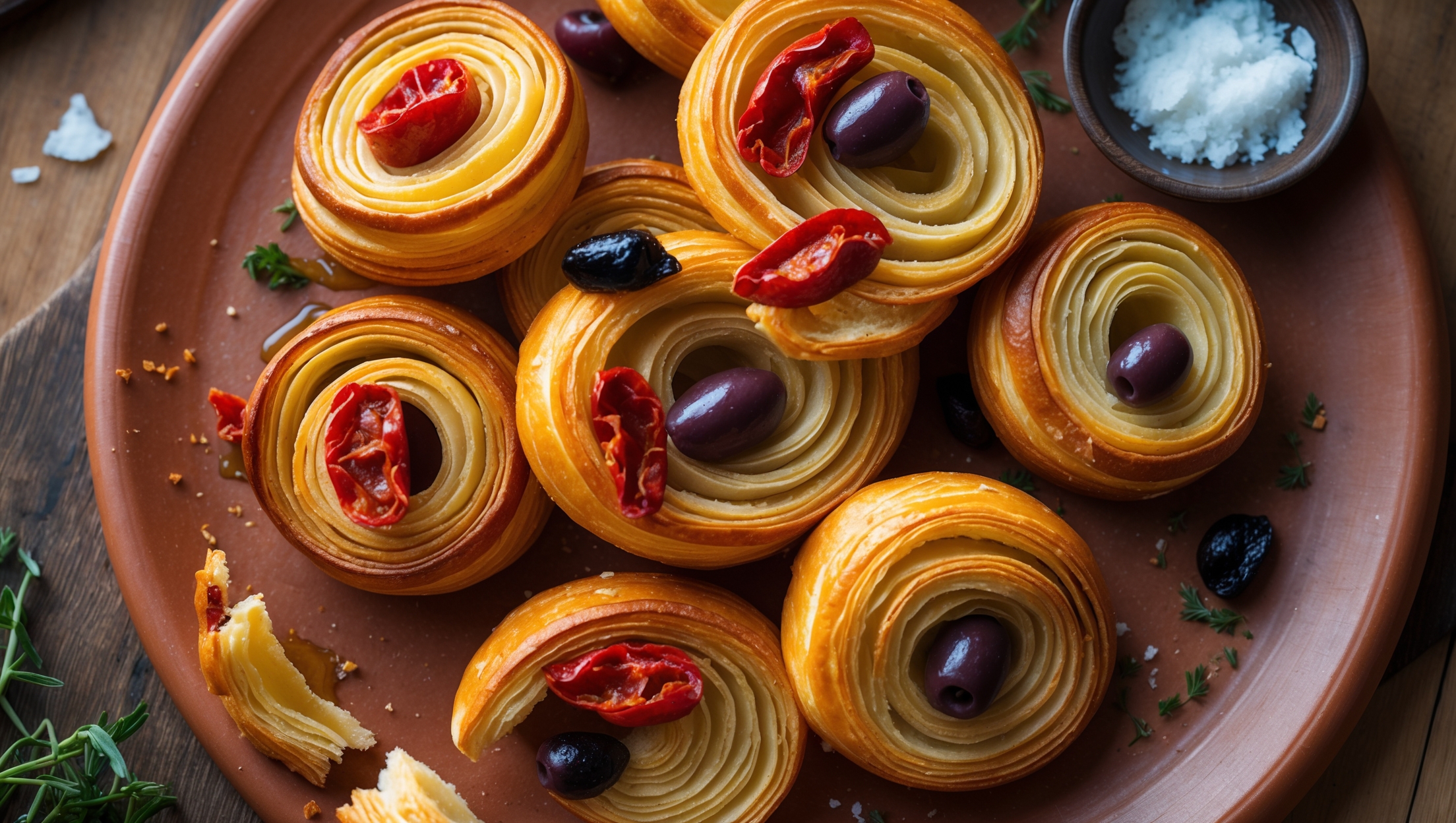 An overhead shot of golden-brown spiral palmiers arranged on a rustic terracotta serving platter, with visible flaky layers and caramelized edges. The vibrant red sun-dried tomatoes and purple-black olive pieces peek through the buttery pastry folds, creating striking color contrast. Shot in warm natural light that accentuates the glistening olive oil brushed on top, with scattered fresh herbs and a small bowl of flaky sea salt visible in the corner. A partially sliced palmier reveals the multiple buttery layers within, while crumbs on the wooden board suggest the delicate, shattering texture of the pastry.