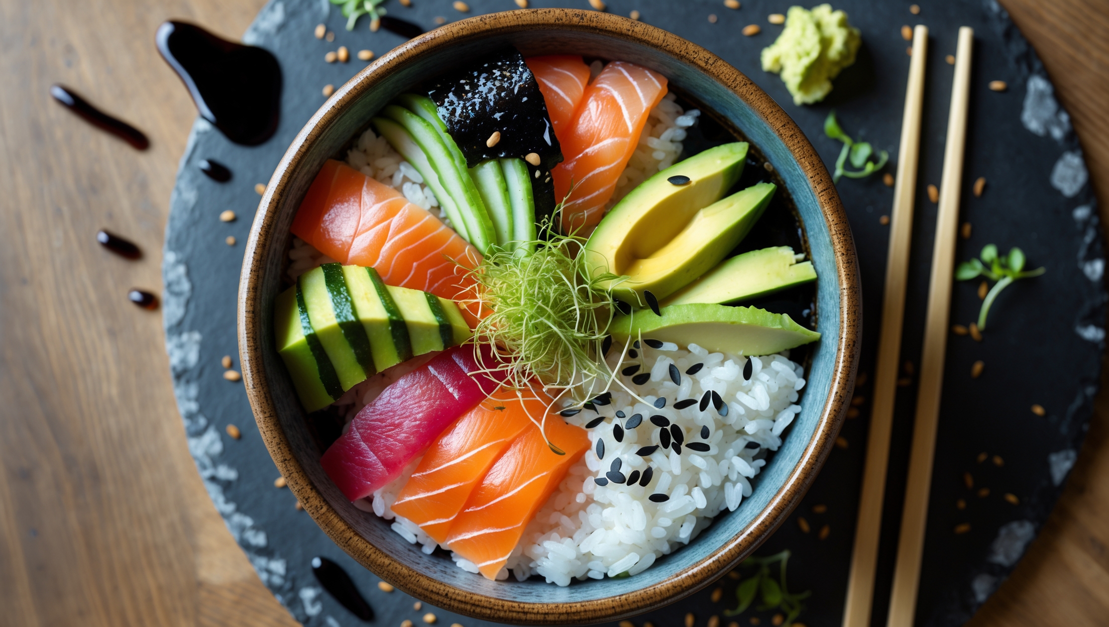 An overhead shot of a vibrant Sushi Bowl served in a handcrafted ceramic bowl, capturing the colorful array of ingredients arranged in sections atop pristine white sushi rice. Soft natural light illuminates the glistening slices of sashimi-grade salmon and tuna, vibrant avocado wedges, and julienned cucumber. The composition highlights the contrasting textures – the silky fish, creamy avocado, crunchy vegetables, and perfectly seasoned rice speckled with black sesame seeds. Droplets of soy sauce and wasabi create artistic accents around the bowl's edge, while wooden chopsticks rest alongside, partially visible on a natural slate serving board scattered with nori flakes and microgreens.