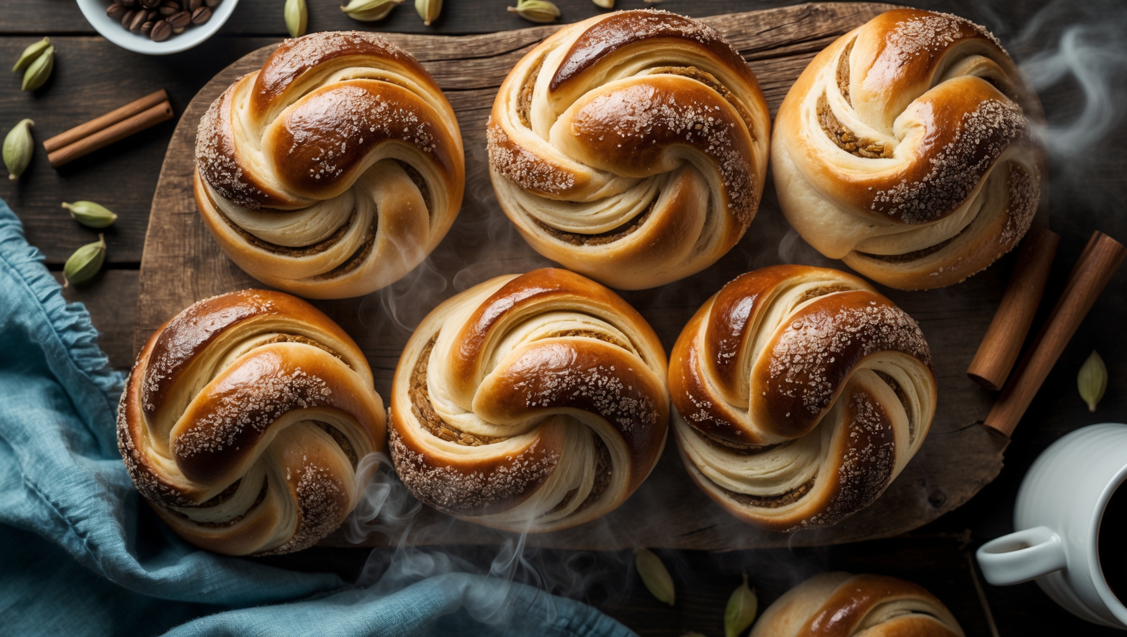 An overhead shot of freshly baked cardamom buns arranged on a rustic wooden board, their golden-brown twists and knots glistening with pearl sugar under soft natural light. A close-up reveals the intricate laminated layers and swirls of spiced filling peeking through the fluffy, tear-apart texture. Scattered whole cardamom pods and cinnamon sticks frame the composition, while steam gently rises from a just-broken bun, releasing its aromatic perfume. A vintage blue linen napkin and a white ceramic mug of coffee sit nearby, creating a cozy Swedish fika atmosphere.