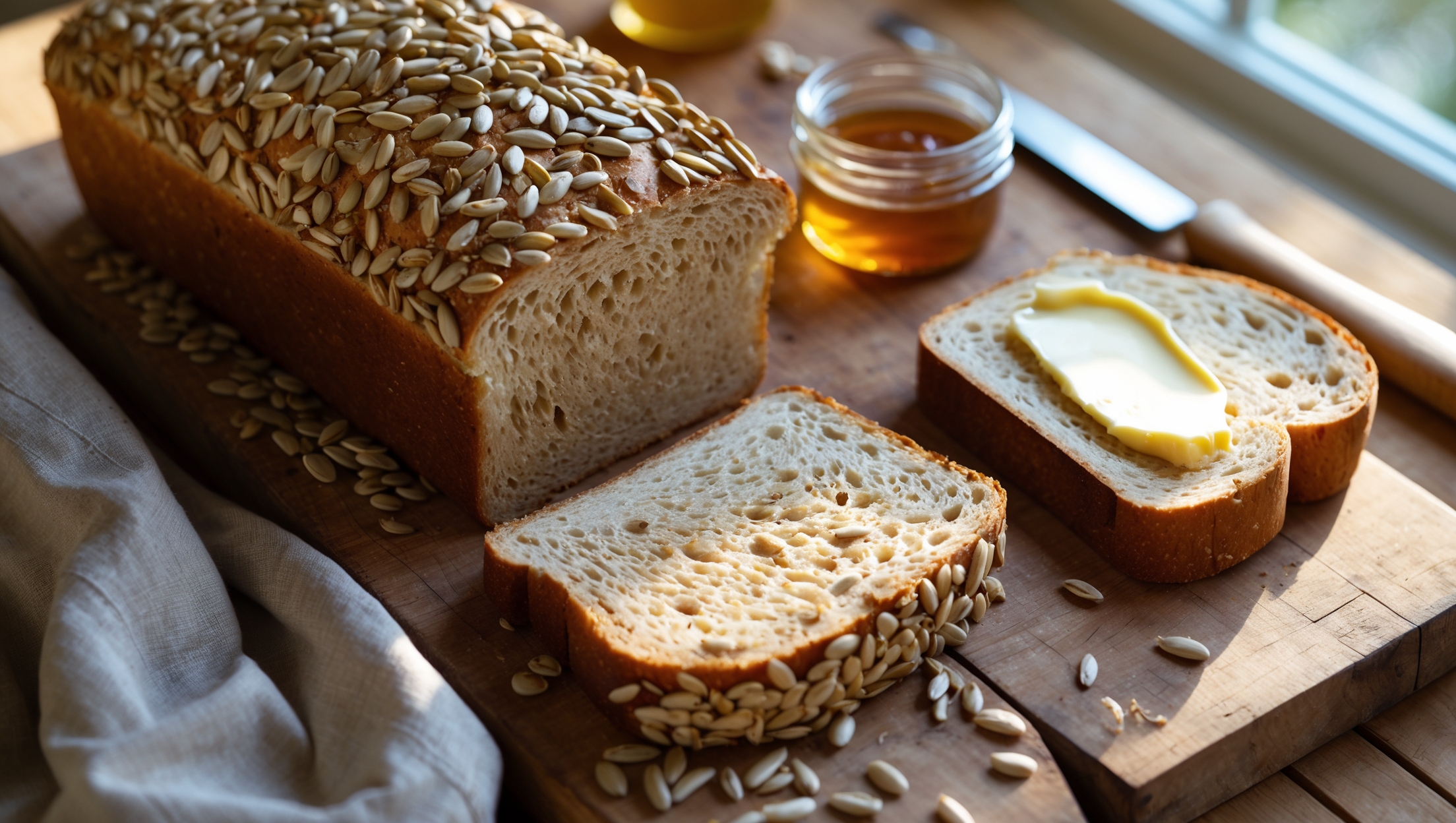 An overhead shot of a freshly baked loaf of Sunflower Seed Sandwich Bread on a rustic wooden cutting board, with one thick slice cut to reveal its perfectly uniform crumb studded with golden sunflower seeds. The bread's golden-brown crust is generously topped with more toasted sunflower seeds that glisten in soft natural light. Beside the loaf sits a partial sandwich made with the bread, showcasing its structural integrity and practical use. A small jar of honey and a butter knife with a smear of salted butter rest nearby, suggesting serving possibilities. The scene is captured in morning light streaming through a kitchen window, highlighting the bread's artisanal qualities and wholesome appeal.