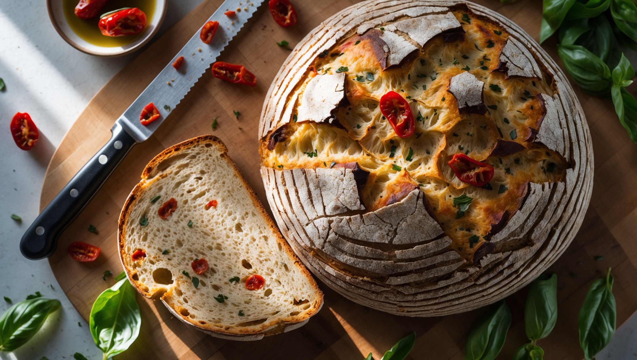 An overhead shot of a rustic, round loaf of Sun-Dried Tomato Bread with its crackly golden-red crust displaying small pieces of visible sun-dried tomatoes. The bread is sliced to reveal a soft, tender crumb speckled with vibrant red tomato pieces and green herbs throughout. The loaf rests on a wooden cutting board with scattered fresh basil leaves, a small bowl of olive oil, and a few whole sun-dried tomatoes creating visual context. Soft natural light streams in from the side, highlighting the bread's texture and creating gentle shadows that emphasize its artisanal quality. A knife rests nearby, with one thick slice partially pulled away showing the bread's perfect structure and aromatic interior.