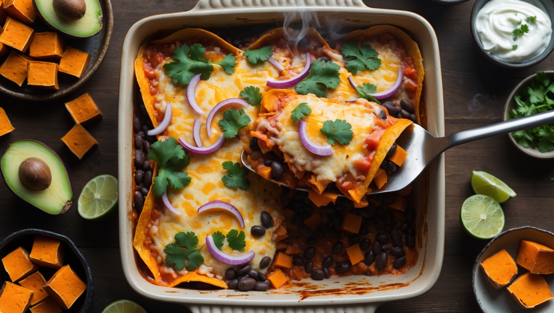 An overhead shot of a rectangular ceramic baking dish filled with the steaming Sweet Potato Black Bean Enchilada Casserole fresh from the oven. The top layer showcases golden-brown bubbling cheese with vibrant red enchilada sauce peeking through, garnished with bright green cilantro leaves and thinly sliced red onions. A spatula lifts a generous portion revealing the colorful layers within—orange sweet potatoes, black beans, and soft corn tortillas soaked in rich sauce. Scattered around the rustic wooden table are halved avocados, lime wedges, small bowls of sour cream, and a few leftover roasted sweet potato cubes. The warm, directional lighting highlights the melted cheese's texture and the steam rising from this comforting Mexican-inspired casserole.