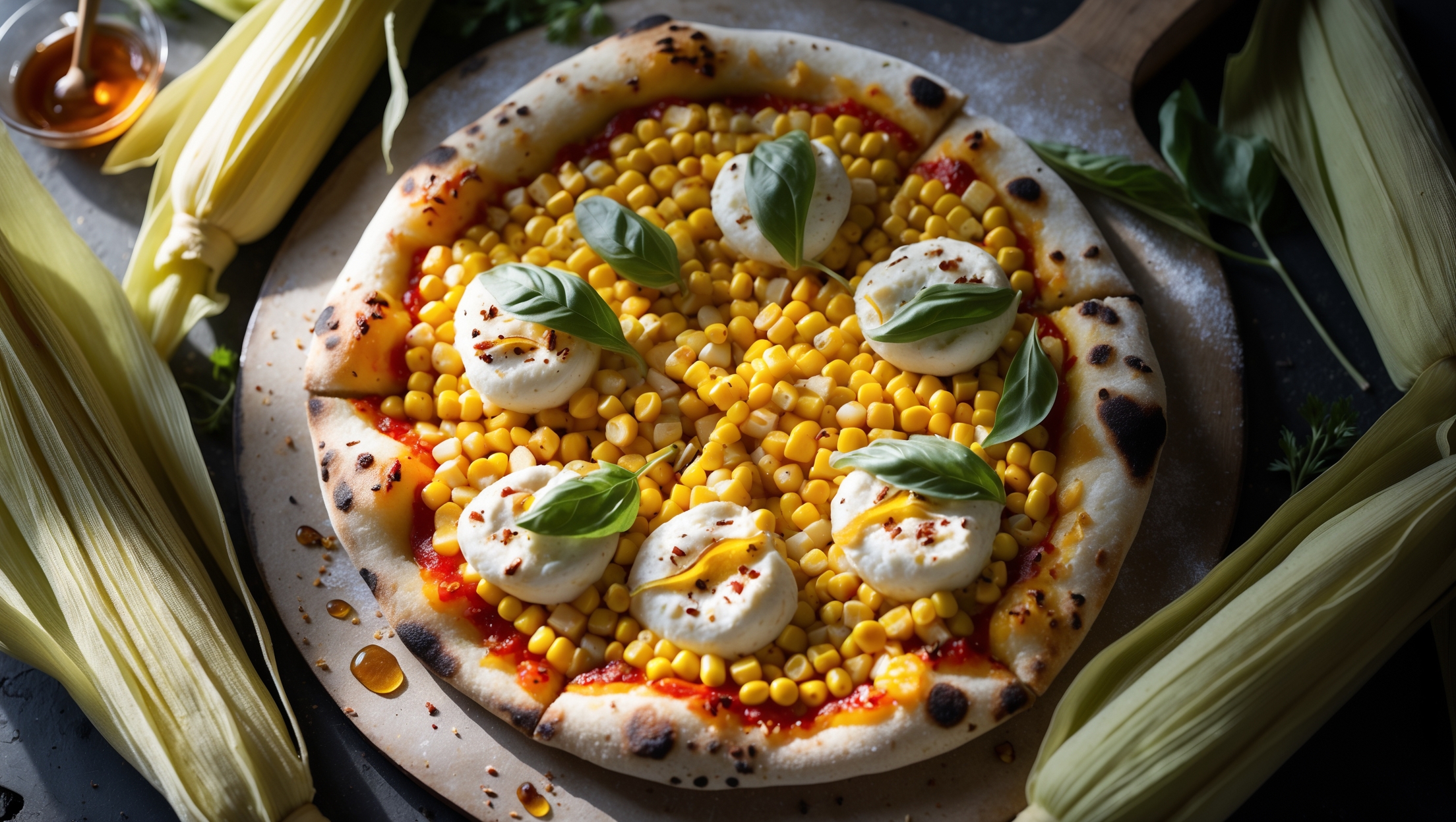 An overhead shot of a perfectly baked Sweet Corn Pizza with a golden-brown crust, focusing on the vibrant yellow corn kernels scattered across a bed of melted mozzarella and ricotta. Soft natural light streams across the pizza, highlighting the caramelized corn edges, fresh basil leaves, and light char marks on the crust. The pizza rests on a rustic wooden pizza peel, with scattered corn husks and fresh herbs creating a summer harvest aesthetic. A light dusting of red pepper flakes adds contrast against the creamy white cheese, while a drizzle of honey catches the light, creating a mouth-watering glisten.