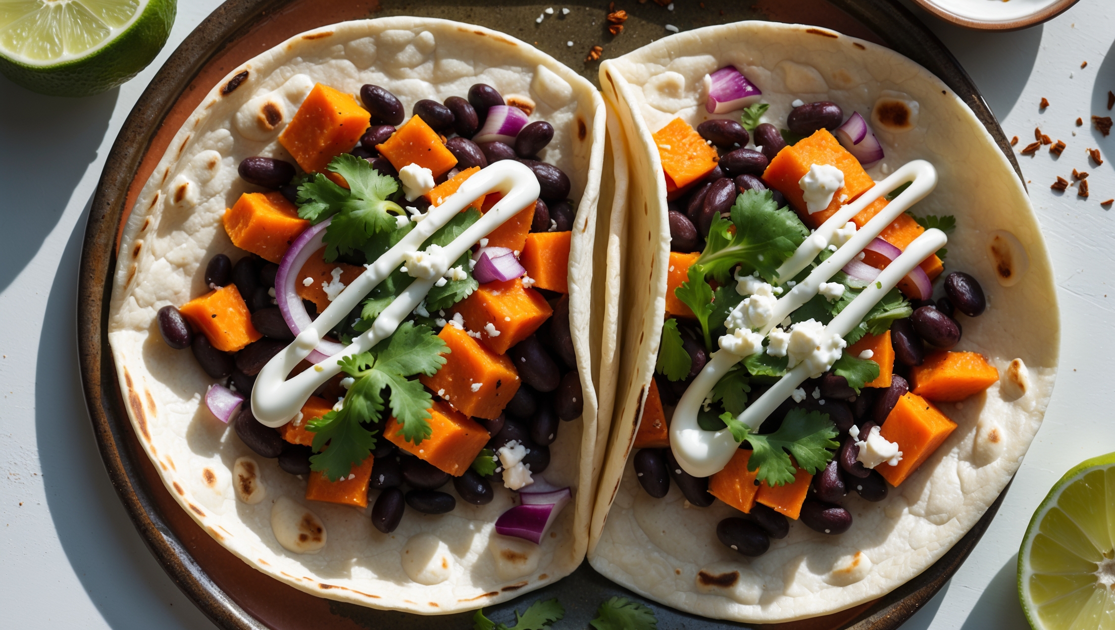 An overhead shot of three Sweet Potato Black Bean Tacos arranged on a rustic clay plate, showcasing the vibrant orange sweet potato chunks contrasting with the shiny black beans. Soft flour tortillas cradle the filling, with a drizzle of bright white lime crema zigzagging across the top. The tacos are garnished with pops of green from fresh cilantro, purple from thinly sliced red onion, and a sprinkle of crumbled feta. A halved lime sits nearby for squeezing, alongside a small bowl of additional crema. Natural window light casts gentle shadows, highlighting the varied textures and colors of the components, while a subtle scattering of chili flakes adds a hint of heat.