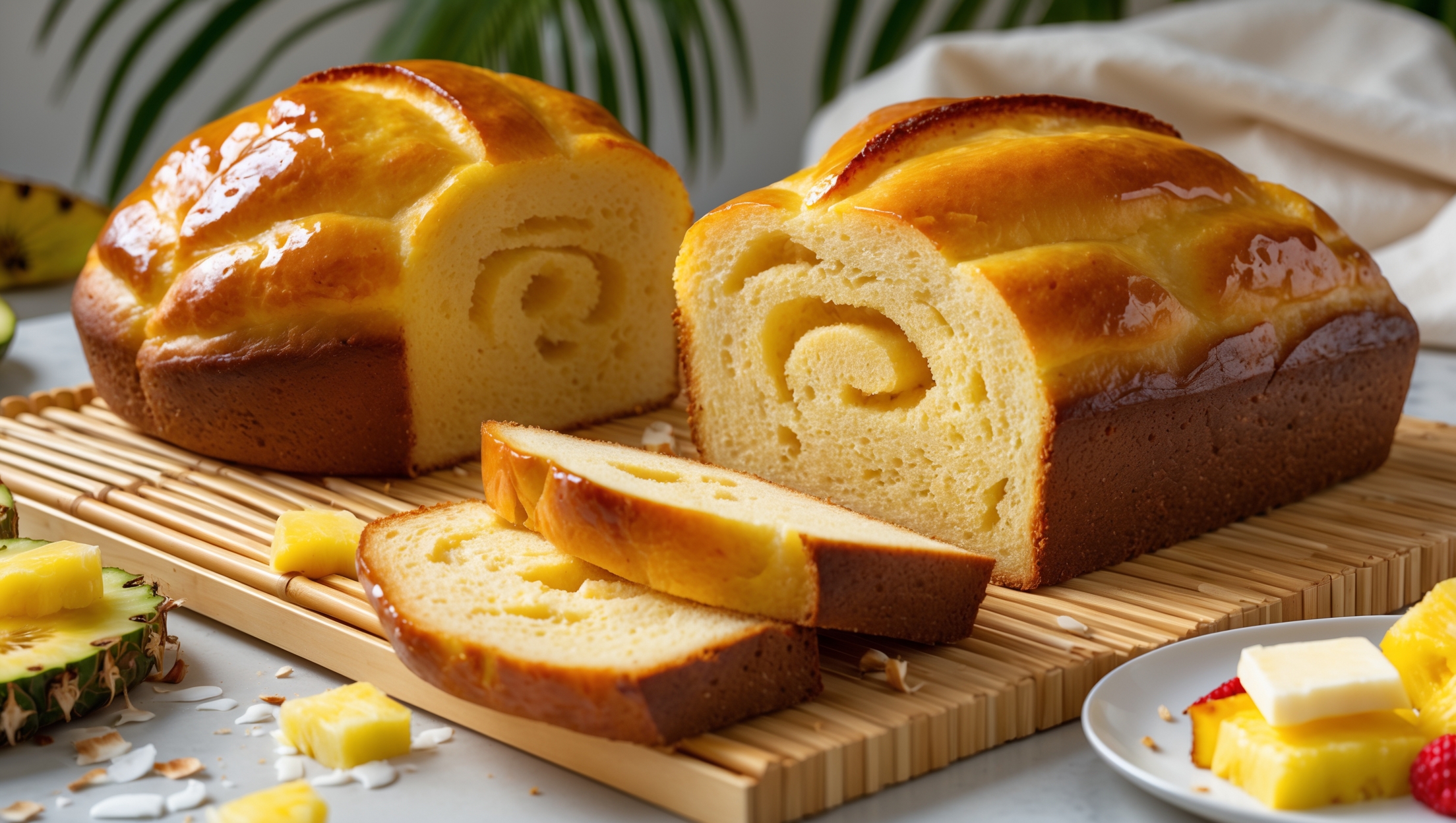 A golden-domed loaf of Hawaiian Sweet Bread photographed in warm natural light that accentuates its burnished, shiny top. The cross-section reveals a tender, yellow-tinged crumb with a swirling pattern of delicate air pockets throughout. Arranged on a light bamboo board with scattered pineapple chunks and coconut flakes nearby, the bread is shown both as a whole loaf and sliced, showcasing its cloud-like texture. A pat of melting butter glistens on one warm slice, while another piece is plated alongside tropical fruits, suggesting serving possibilities. The scene evokes a breezy island morning with subtle styling elements including a pale linen napkin and hints of greenery in the background.