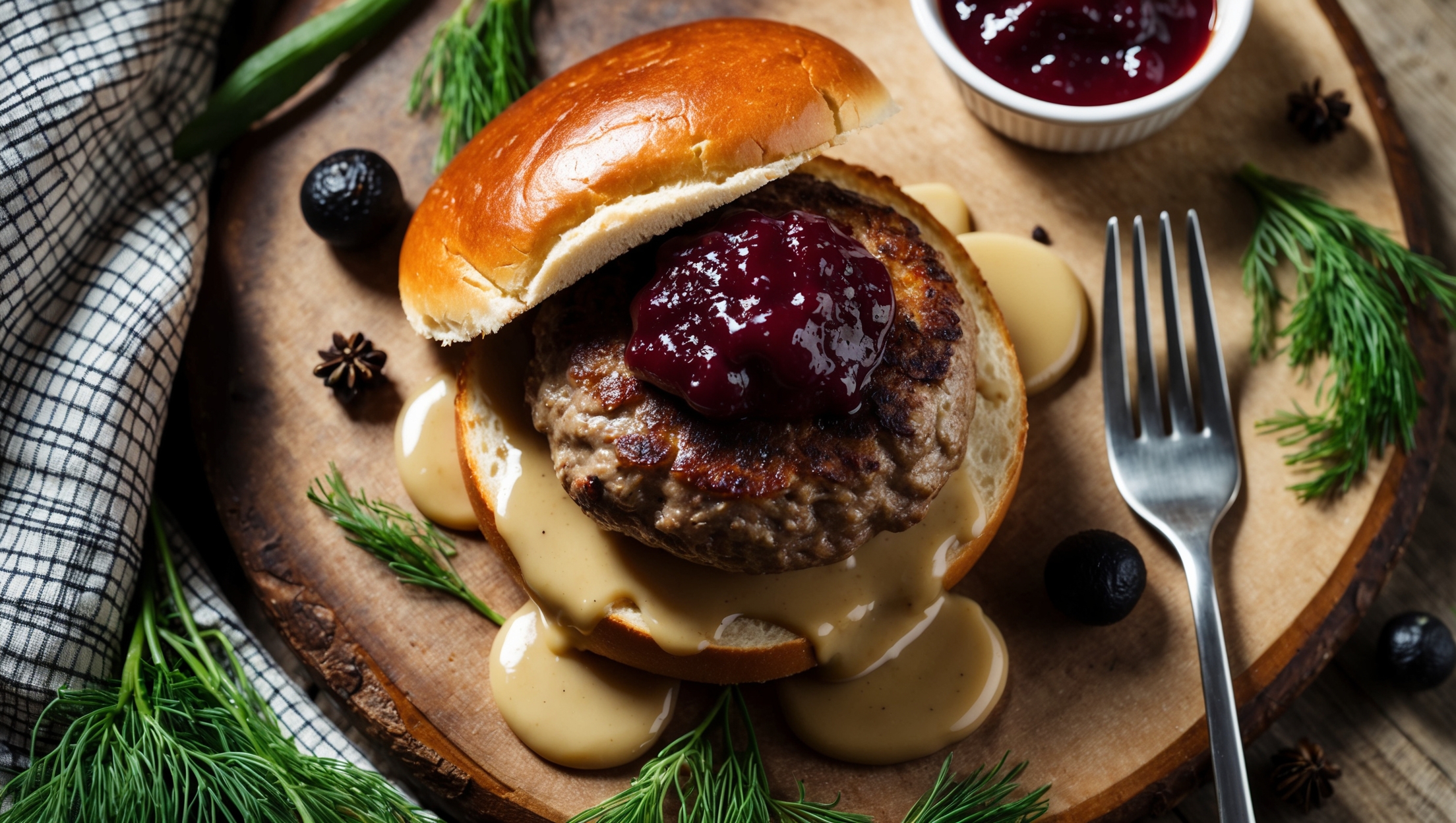 An overhead shot of a Swedish Meatball Burger on a rustic wooden board, capturing the juicy patty nestled in a toasted brioche bun, with creamy gravy cascading down the sides and a vibrant dollop of lingonberry jam visible on top. The cross-section reveals the perfectly cooked burger with its signature spice-flecked interior. Soft natural light highlights the golden-brown bun and creates appealing shadows around the plate. Scattered around the burger are fresh dill sprigs, whole allspice berries, and a small ramekin of extra gravy. A checkered linen napkin adds a traditional Scandinavian touch to the composition, while a fork with a bite-sized piece completes this comfort food masterpiece.