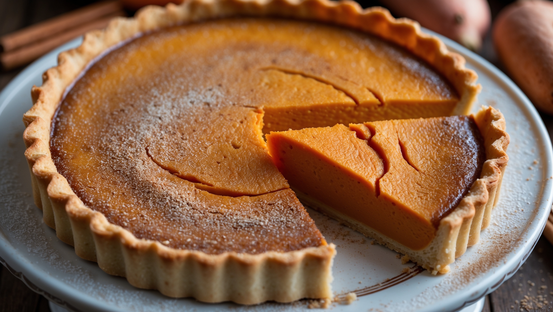 An overhead shot of a perfectly baked sweet potato custard tart, its surface showing a gentle caramelization with subtle cracks that reveal the velvety custard beneath. The tart is positioned on a vintage ceramic cake stand against a backdrop of scattered cinnamon sticks and raw sweet potatoes. The cross-section slice being lifted reveals the distinct layers - the crisp golden pastry base, the vibrant orange sweet potato filling with its silky texture, and the delicate custard layer on top. Soft natural light streams in from the side, highlighting the warm amber tones of the filling and the flaky texture of the pastry edges. A light dusting of powdered sugar and freshly grated nutmeg adds dimension and texture to the surface.