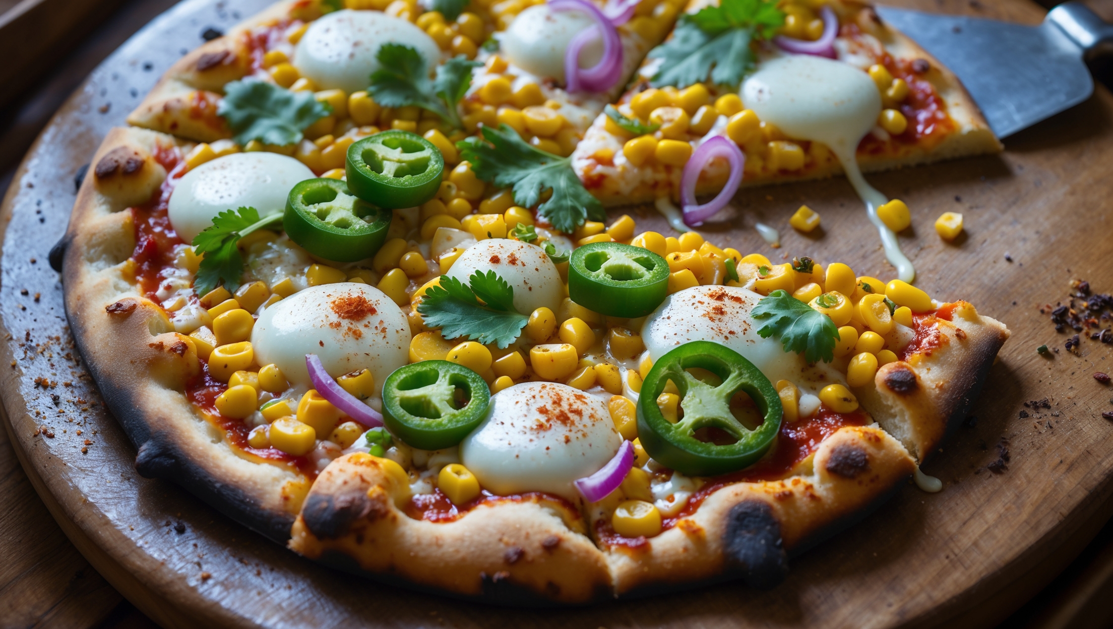 An overhead shot of a rustic, perfectly baked Sweet Corn & Jalapeño Pizza on a wooden pizza peel, captured in warm natural light. The golden-brown crust has visible air bubbles and slight charring around the edges. Vibrant yellow corn kernels and bright green jalapeño slices are scattered across a bed of melted mozzarella and cotija cheese that's bubbling and slightly browned. Red onion slivers and fresh cilantro leaves add pops of color against the white cheese. A light dusting of smoked paprika and a drizzle of lime crema create artistic finishing touches. Steam rises gently from the freshly sliced pizza, with one piece pulled slightly away revealing a perfect cheese pull.