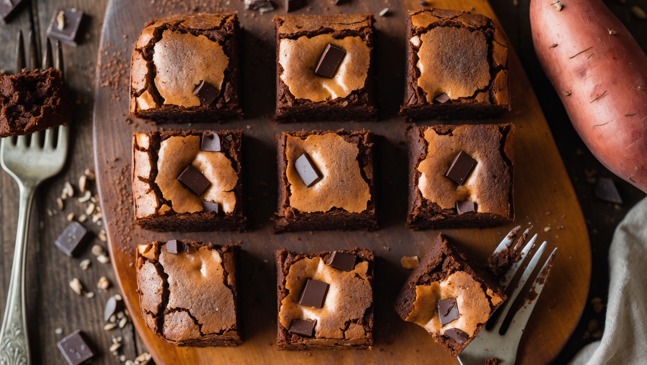 An overhead shot of a rustic wooden board featuring perfectly cut square sweet potato brownies with crackly tops and fudgy centers. A close-up reveals their dense, moist interior studded with chocolate chunks against the warm auburn tones from sweet potato. Soft natural light highlights the glossy sheen on their surface, with a dusting of cocoa powder adding contrast. A partial sweet potato and scattered cacao nibs decorate the corner of the board, while a small bite taken from one brownie exposes its irresistible fudgy texture. A vintage fork rests alongside, with traces of chocolate indicating a recently enjoyed piece.