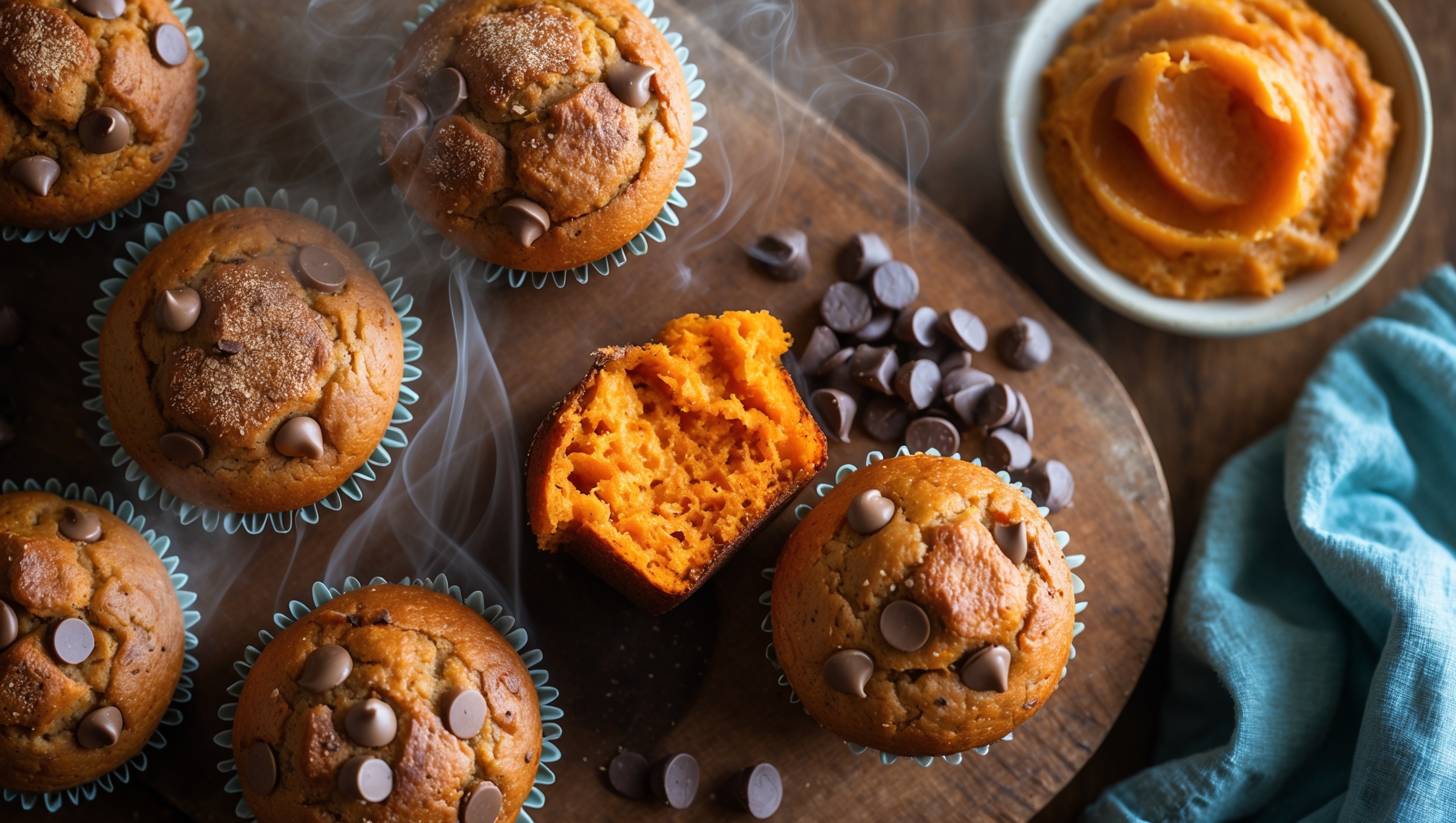 An overhead shot of golden-brown Sweet Potato Chocolate Chip Muffins arranged on a rustic wooden board, with one muffin broken open to reveal its moist, orange-flecked interior studded with melting chocolate chips. Soft natural morning light highlights the domed tops sprinkled with a cinnamon-sugar mixture, creating a subtle sparkle against the warm-toned background. A small bowl of roasted sweet potato puree and a scattering of chocolate chips rest alongside the muffins, with a vintage blue linen napkin adding a pop of color to the earthy composition. Steam gently rises from the freshly-baked treats, suggesting their warm, spiced aroma.