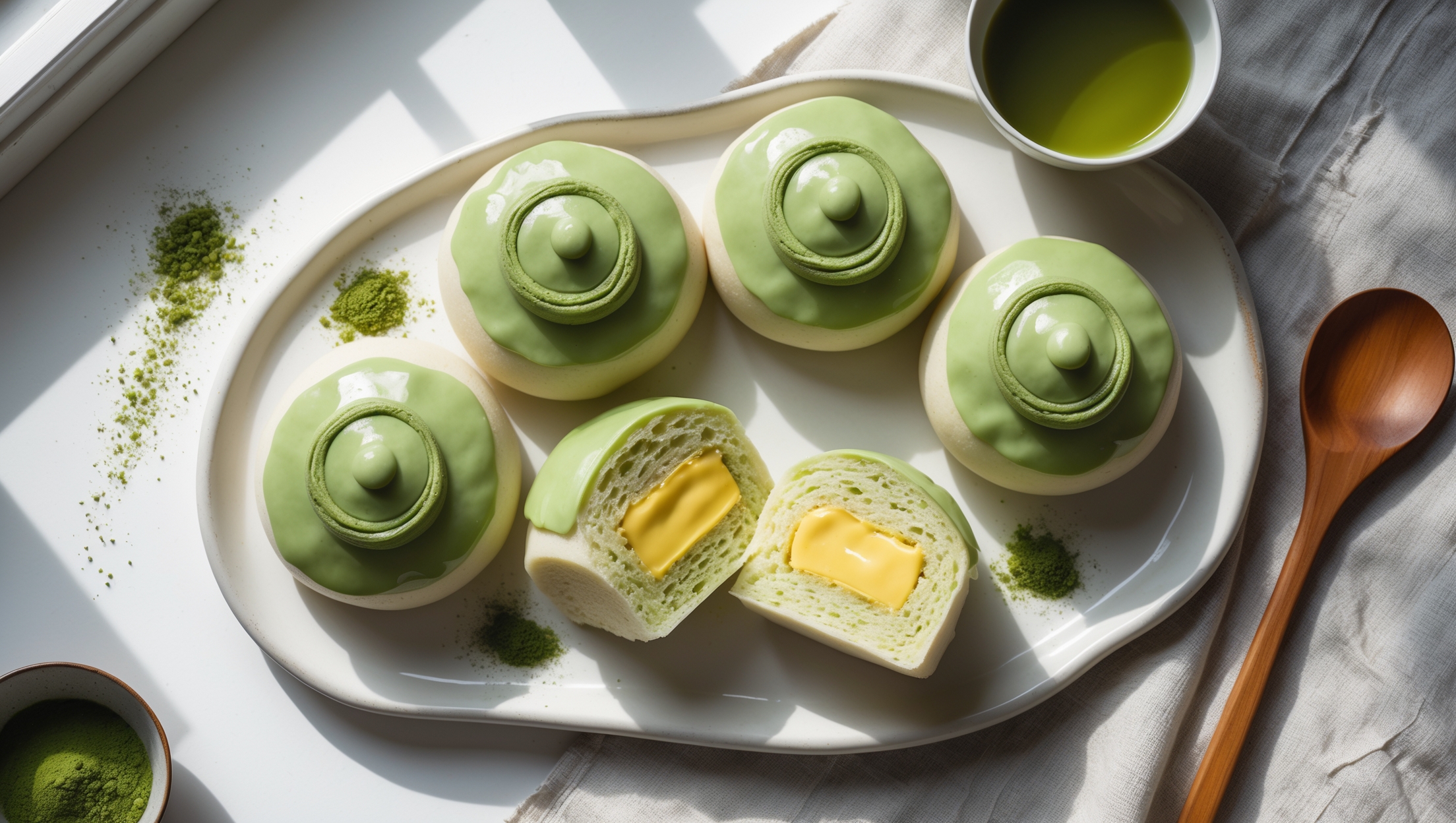 An overhead shot of six Sweet Matcha Buns arranged on a minimalist white ceramic platter, their vibrant green-tinted dough contrasting beautifully with the platter. Soft natural light streams in from a side window, highlighting the glossy matcha glaze that drips temptingly down the sides of each bun. A cross-section of one bun reveals the creamy yellow custard filling nestled within the fluffy, light green crumb. Scattered matcha powder and a small Japanese-style teacup filled with matcha tea sit alongside the buns, while a wooden serving utensil rests nearby on the textured linen tablecloth, creating a serene, zen-like composition that emphasizes the Japanese tea ceremony inspiration.