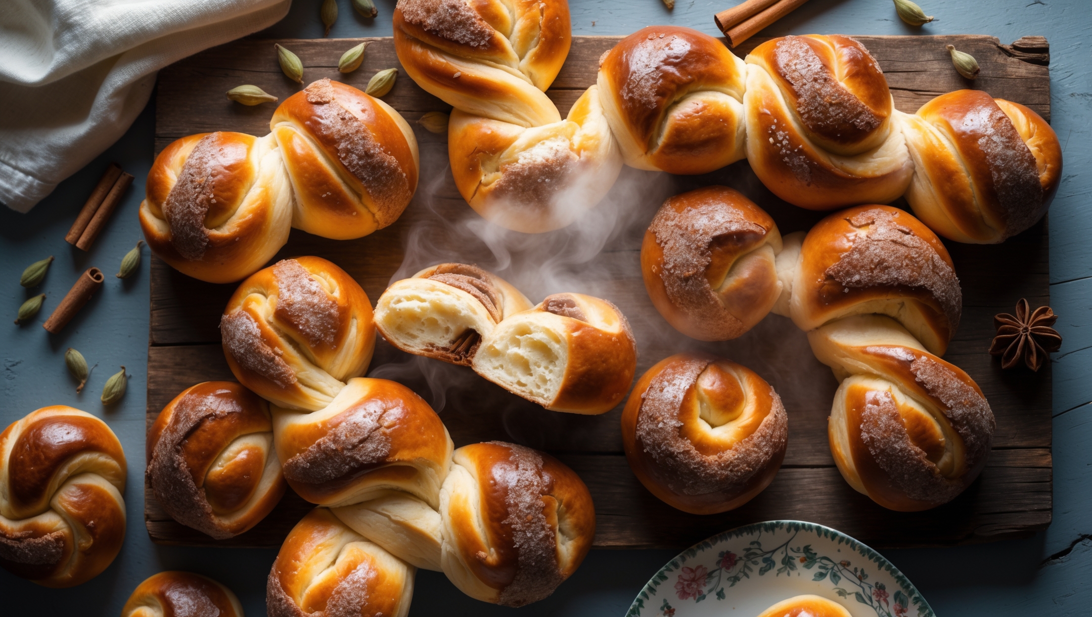 An overhead shot of freshly baked Swedish kanelbullar arranged on a rustic wooden board, their characteristic twisted knot shapes displaying beautiful golden-brown surfaces and crevices filled with cinnamon swirls. Soft natural light highlights the glistening pearl sugar topping that creates a beautiful contrast against the warm amber-colored buns. A few scattered cardamom pods and cinnamon sticks decorate the scene, while a linen napkin and vintage ceramic plate add Scandinavian charm. Steam rises gently from a bun torn open, revealing its soft, pillowy texture with delicate spirals of cinnamon filling, emphasizing the classic fika treat's irresistible freshness.