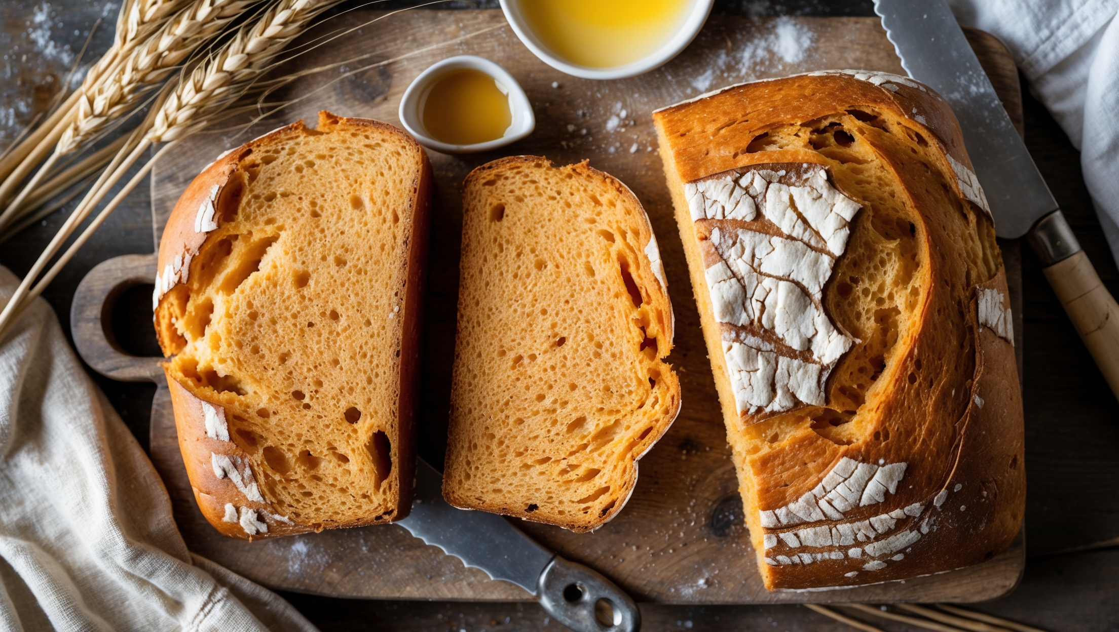 An overhead shot of a freshly sliced loaf of golden-orange tinged Sweet Potato Sandwich Bread on a rustic wooden cutting board, with one slice propped against the loaf revealing its soft, moist crumb. Captured in warm morning light, the bread's subtle orange hue contrasts beautifully with scattered wheat stalks and a small dish of honey butter nearby. A cross-section view highlights the bread's even texture and small, tender air pockets, while a light dusting of flour remains on the artfully scored top crust. The scene includes a vintage bread knife and linen towel, suggesting homemade comfort and wholesome ingredients.