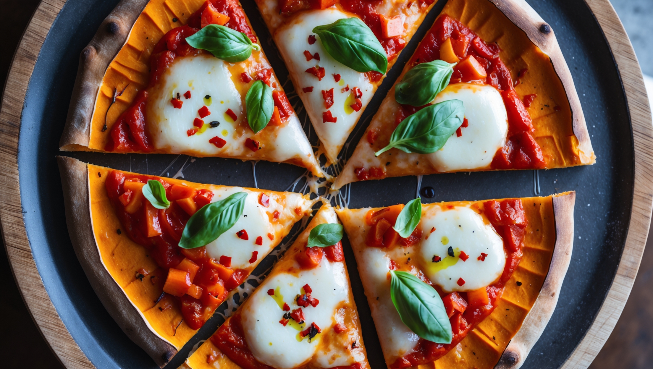 Overhead shot of a rustic Sweet Potato Crust Pizza featuring vibrant orange-hued crust with lightly crisped edges, topped with bright red tomato sauce, melted mozzarella cheese, and colorful vegetables. A cross-section view reveals the firm yet tender crust that holds its shape when sliced. Natural window light accentuates the golden-brown edge of the sweet potato base against a dark stone pizza plate. Fresh basil leaves and a light drizzle of olive oil add glistening highlights, while scattered red pepper flakes provide subtle color contrast. Steam visibly rises from the just-baked pizza, suggesting its warm, aromatic appeal on the wooden serving board.