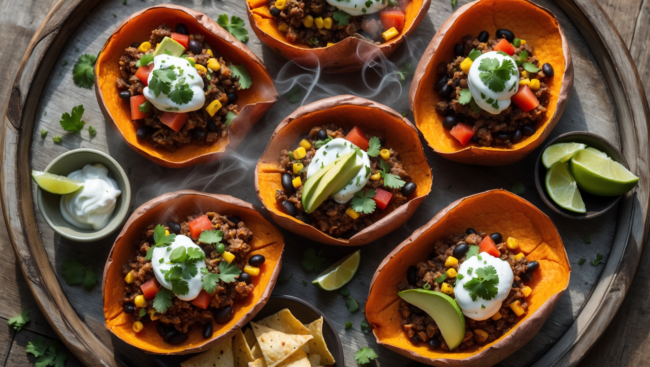 An overhead shot showcases six vibrant sweet potato taco bowls arranged on a rustic wooden serving platter. The golden-brown, crispy sweet potato shells curl upward, revealing colorful layers of seasoned ground beef, black beans, corn, and diced tomatoes. A dramatic cross-section view highlights how the sweet potato forms a perfect edible bowl. Natural light streams across the scene, illuminating the fresh toppings - bright green avocado slices, dollops of sour cream, scattered cilantro leaves, and a sprinkle of lime zest. Beside the platter sits a small bowl of lime wedges and a scattered handful of tortilla chips for texture contrast. The photography captures steam rising subtly from the warm filling against the crispy shell edges.