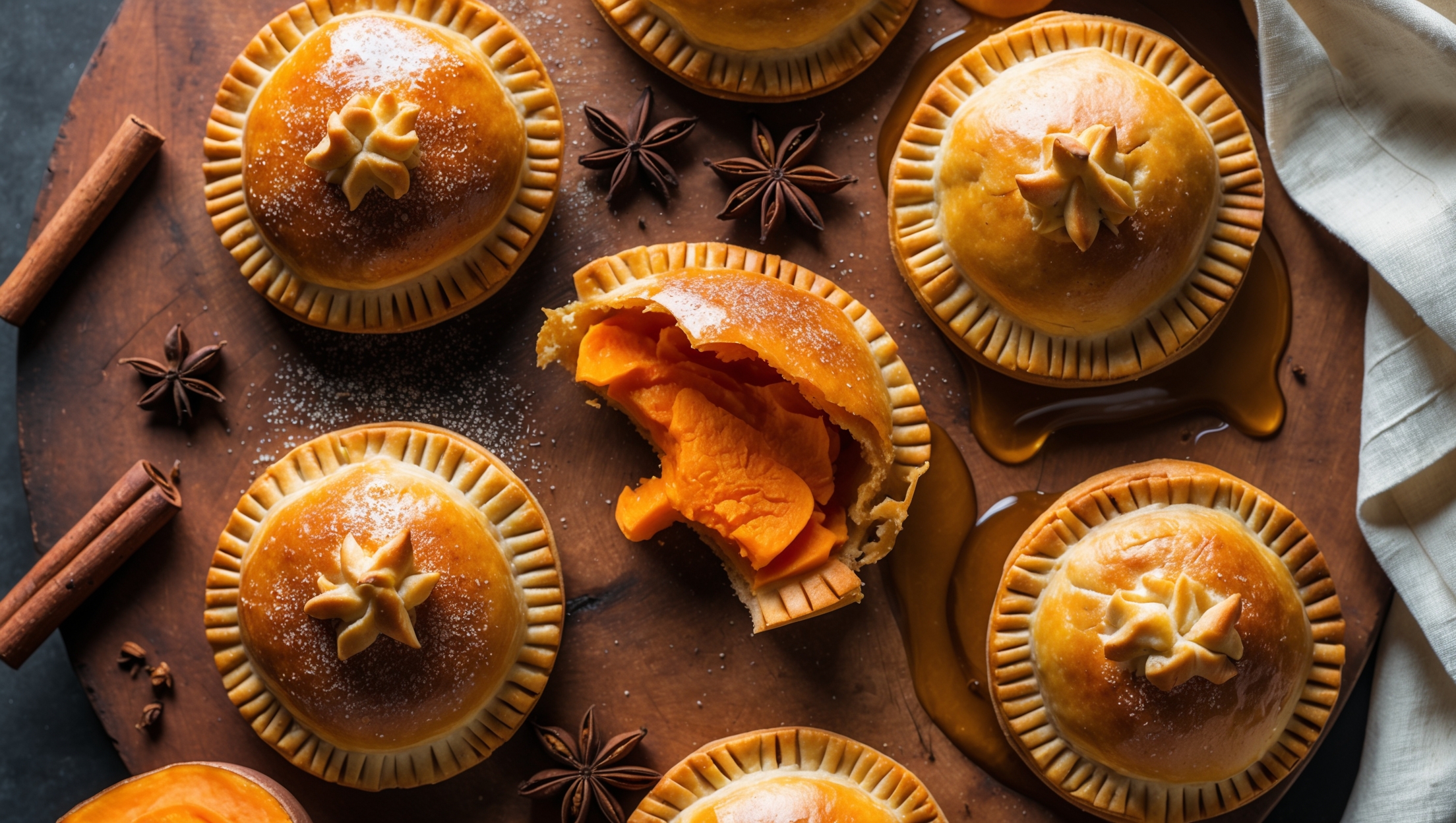 An overhead shot of golden-brown hand pies arranged on a weathered wooden board, with one pie broken open to reveal the vibrant orange sweet potato filling spilling out. Soft natural light catches the sparkle of sugar crystals dusted across the flaky, layered pastry, while cinnamon sticks, star anise, and fresh sweet potato slices are artfully scattered around the composition. A drizzle of maple glaze creates glossy puddles atop several pies, with steam gently rising from the freshly baked treats. The warm auburn and caramel tones of the pies contrast beautifully against a cream linen napkin tucked into the corner of the frame.