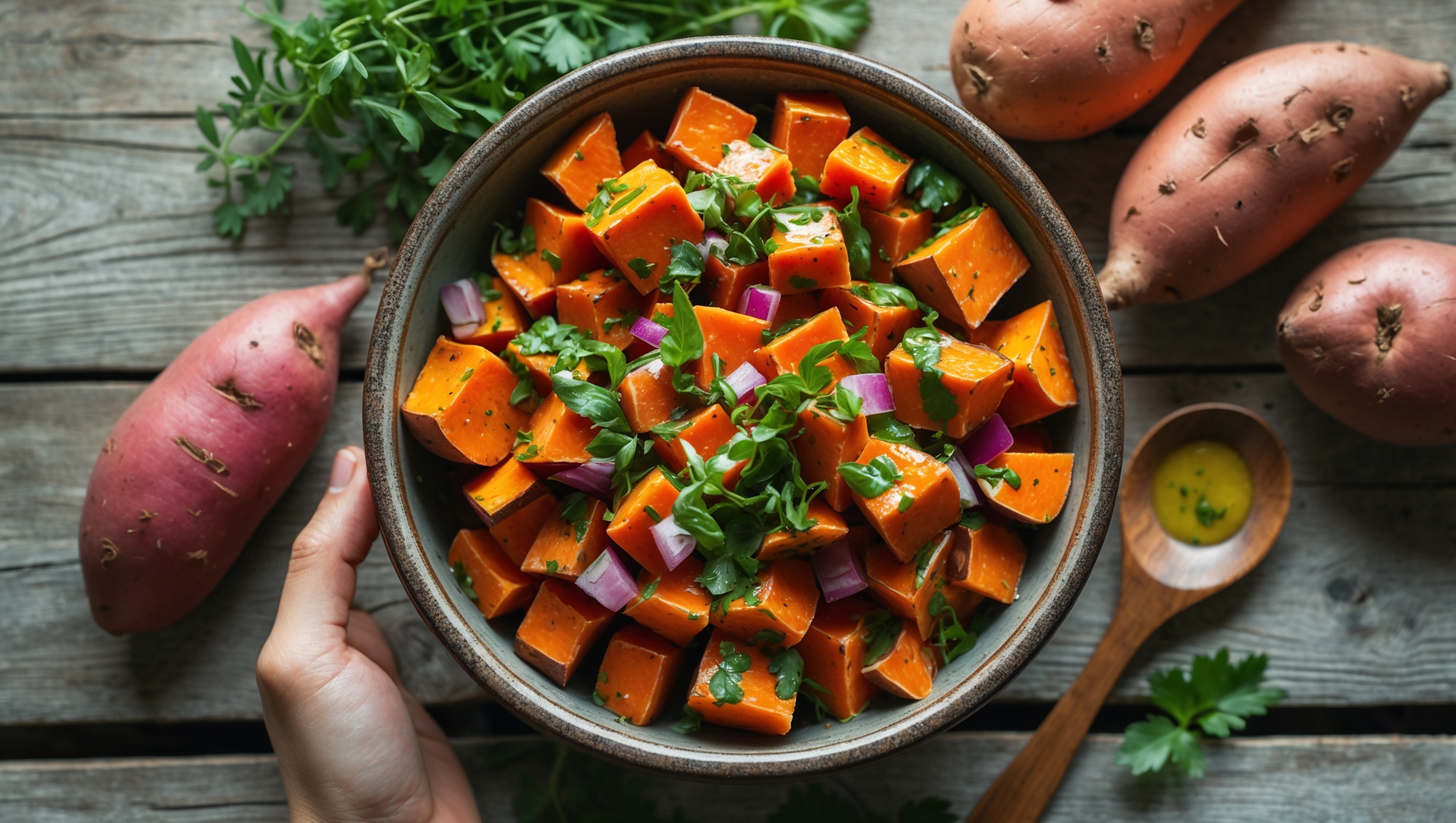 An overhead shot of a rustic ceramic bowl filled with vibrant orange sweet potato cubes glistening with dressing against a backdrop of weathered wooden table. Soft natural light highlights the varying tones of the caramelized edges of the sweet potatoes, contrasting beautifully with specks of bright green herbs and purple red onions scattered throughout. Several whole sweet potatoes and fresh herbs are artfully arranged beside the bowl, while a wooden serving spoon rests against the side, offering a glimpse of the creamy dressing that binds this nutritious salad together.