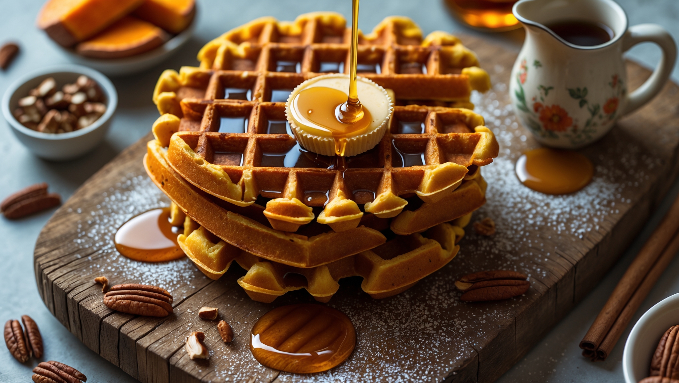 An overhead shot of golden-orange sweet potato waffles stacked in a rustic arrangement on a weathered wooden board, with maple syrup drizzling down the sides creating glistening pools. A small dish of cinnamon-honey butter melts enticingly on the top waffle, while a cross-section view reveals the crisp exterior and tender, fluffy interior. The scene is bathed in soft morning light, with scattered pecan pieces and a dusting of powdered sugar adding texture and contrast. In the background, a small bowl of roasted sweet potato and fresh cinnamon sticks hint at the key ingredients, while a vintage ceramic pitcher of maple syrup completes the cozy breakfast presentation.