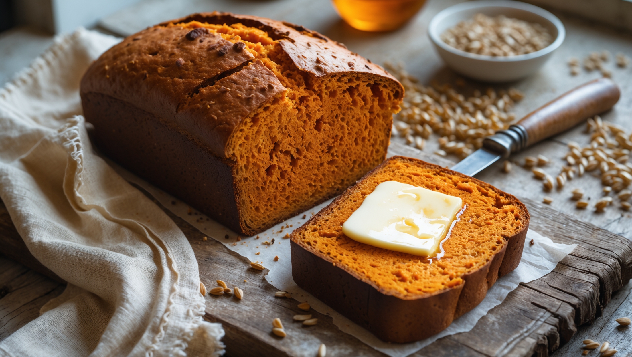 An overhead shot of a rustic loaf of Sweet Potato Whole Wheat Bread with its distinctive golden-orange crumb visible through a clean slice at the front. Captured in soft natural light streaming through a kitchen window, the bread rests on a weathered wooden board with scattered wheat berries and a small bowl of honey nearby. A pat of melting butter glistens on one slice, highlighting the bread's moist, tender texture. The crust shows a beautiful burnished amber color with slight cracks revealing the softer interior beneath. A vintage linen napkin and antique bread knife complete the composition, emphasizing the wholesome, homemade quality of this nutritious loaf.